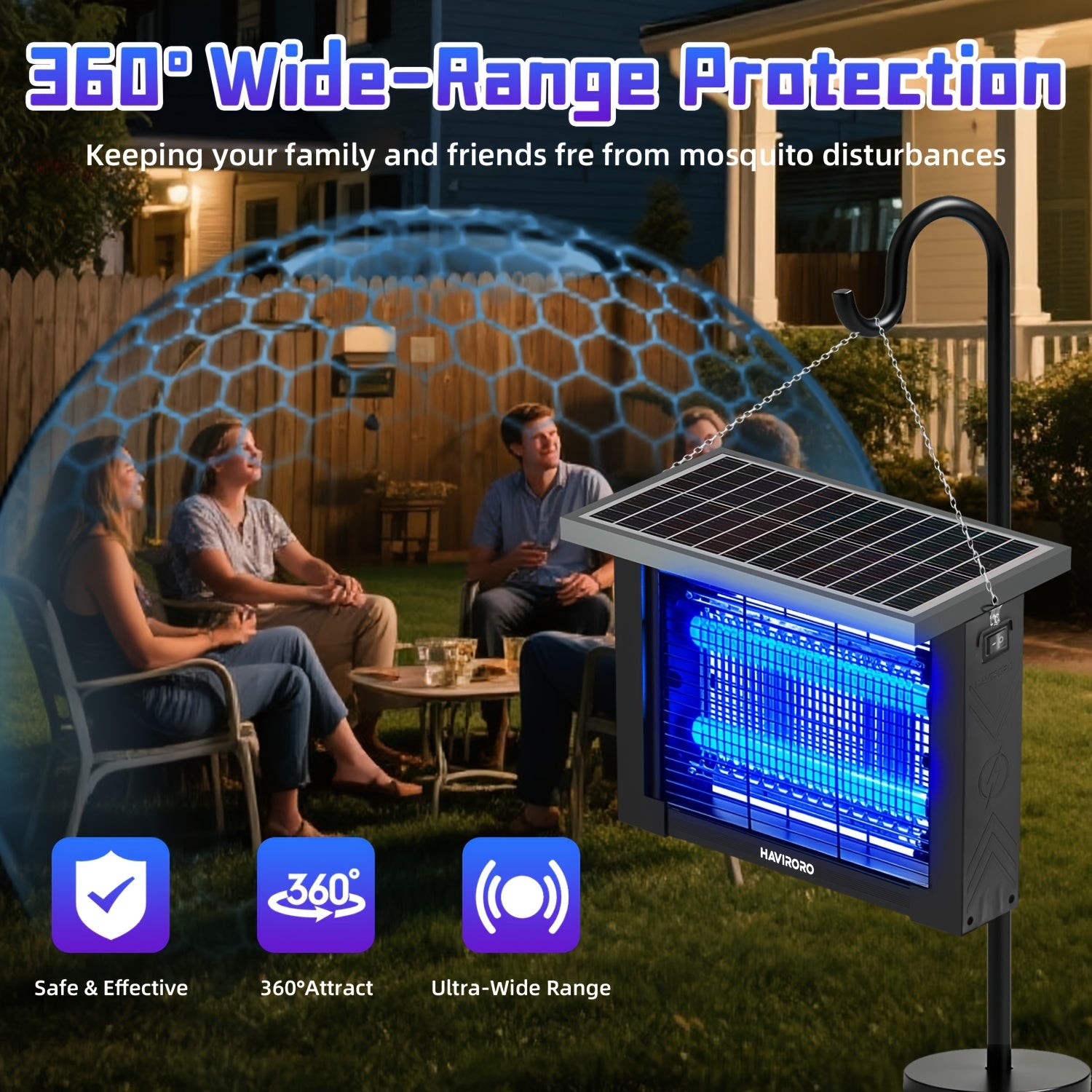 Solar Powered Bug Zapper Outdoor 4500V Electric Insect Killer - Wireless Portable Mosquito Trap Fly Killer Moth Zapper for Home Patio Backyard Camping