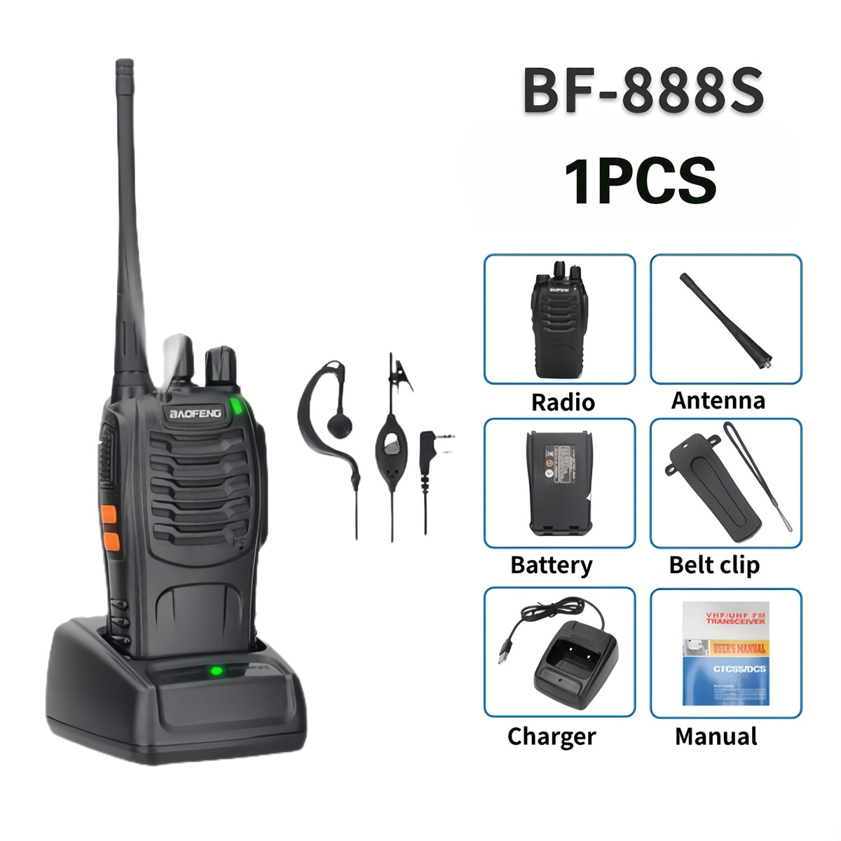 Walkie Talkies Long Range Rechargeable Baofeng BF-888S 16 Channel UHF Two Way Radio with Earphones – 2-Pack & 4-Pack for Camping Hiking Hunting