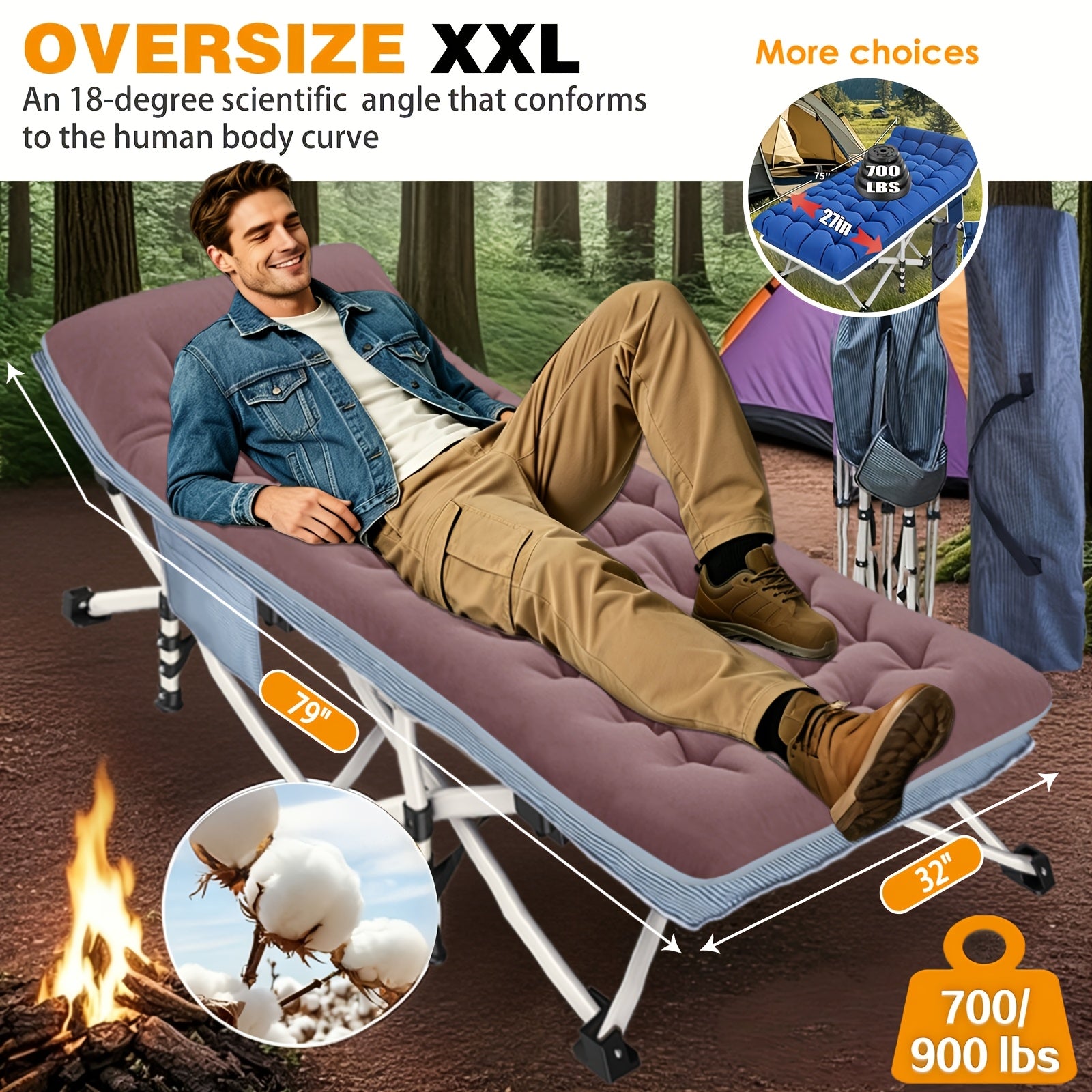 XXL Oversized Camping Cot 32-Inch Wide with Comfortable Mattress – Extra Wide Heavy-Duty Folding Cot for Adults, 1200D Oxford Cloth, Carry Bag Included, Camping Lounge Chair Option