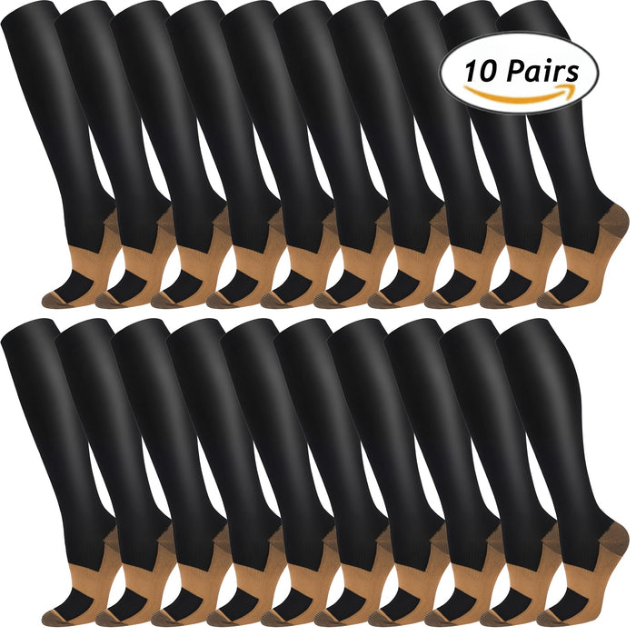 10 Pairs Copper Compression Socks Knee High for Women & Men – Circulation Support for Running Hiking Travel Daily Wear S-XXL