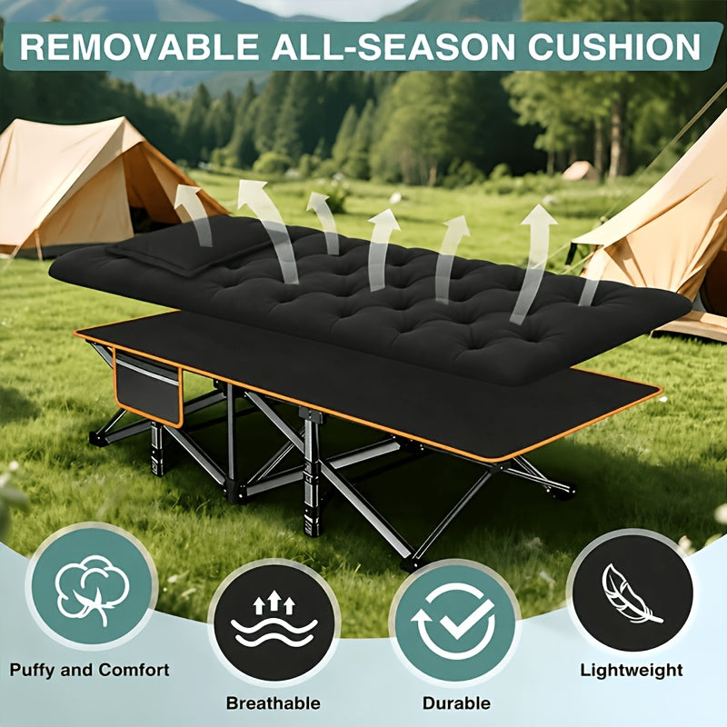 Portable Folding Camping Bed with Side Pockets - 60/75 Inch Heavy-Duty Cot 666/866 lb Capacity - Easy-Store Guest Bed for Camping Patio Office Guest Room - Folding Cot with Optional Mattress