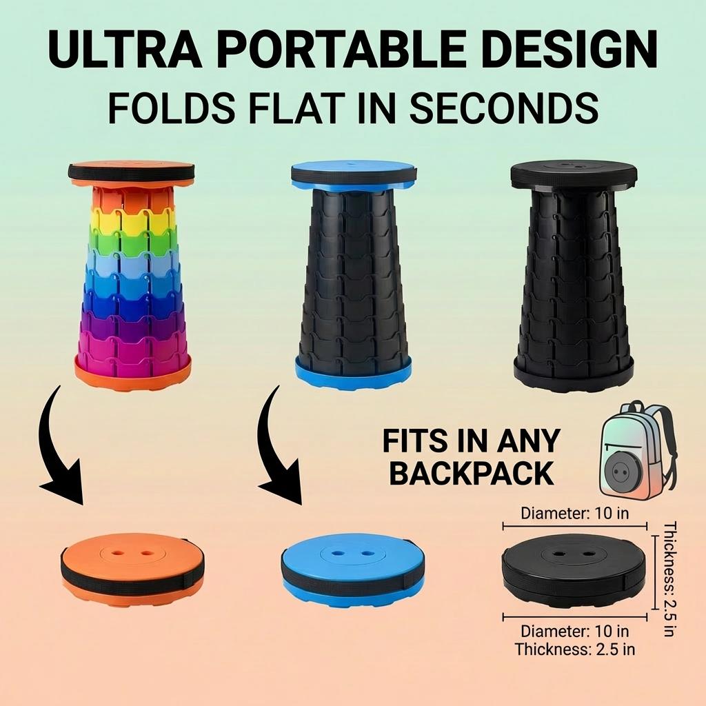 Collapsible Camping Stool 400 Lbs Capacity Ultra Portable Foldable Seat Fits in Backpack, Lightweight Durable Camp Stool for Hiking Fishing Outdoor Events, Sets Up in Seconds Rainbow Option Available