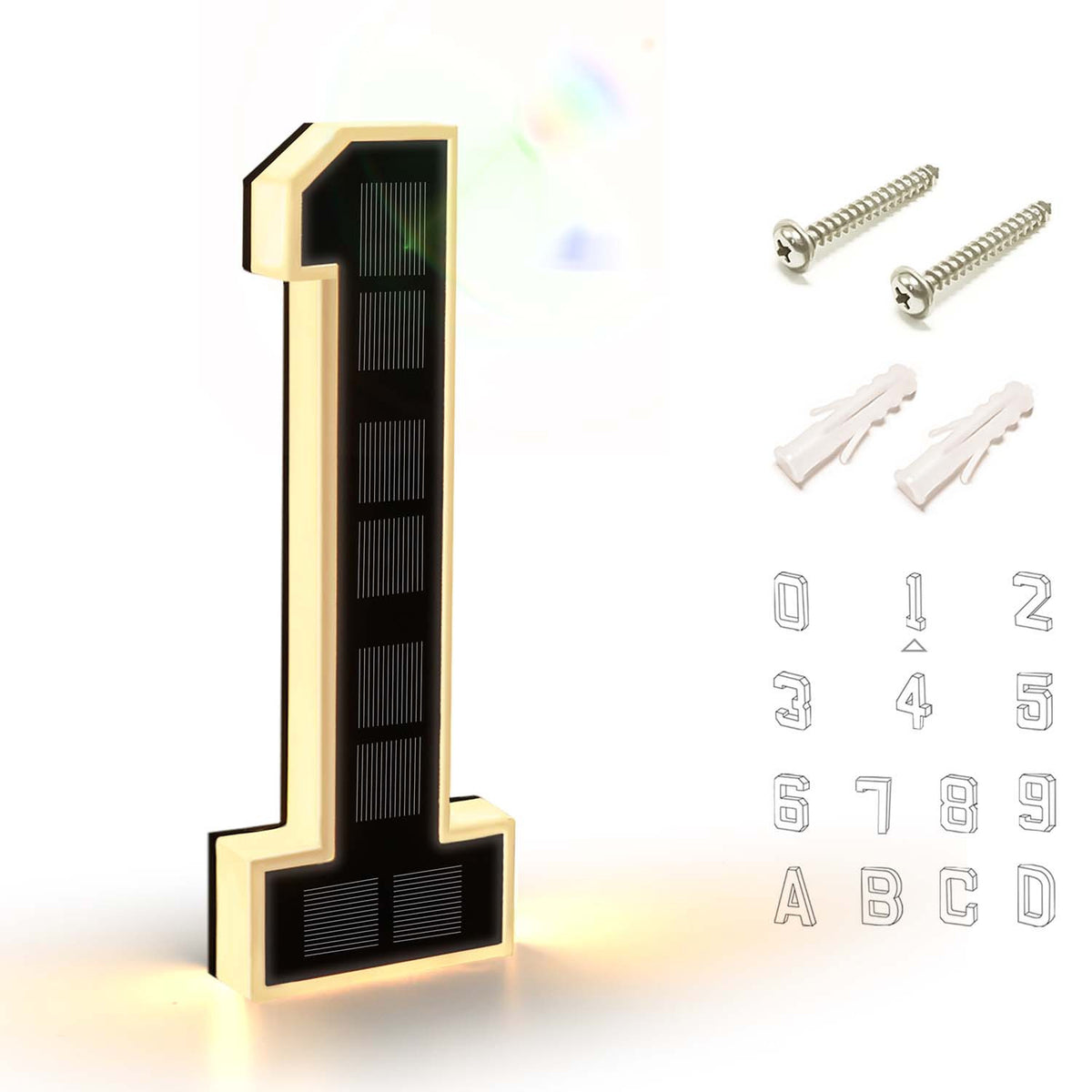 9 Inch Solar Lighted House Numbers for Outside - IP44 Waterproof, Auto Light Sensor, 9hr Illumination, Modern Exterior Address Sign, Numbers 0-9 & Letters A-D