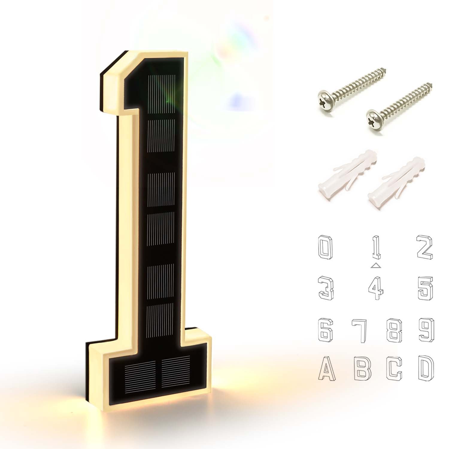 9 Inch Solar Lighted House Numbers for Outside - IP44 Waterproof, Auto Light Sensor, 9hr Illumination, Modern Exterior Address Sign, Numbers 0-9 & Letters A-D