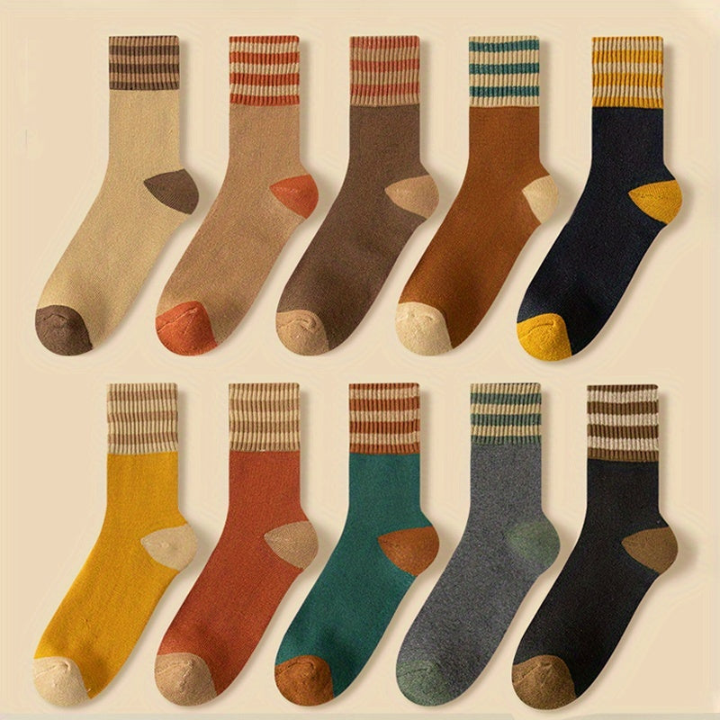 Winter Terry Crew Socks 20 Pairs Mixed Colors – Thick Plush Striped Mid-Calf Ski Snowboard & Cold Weather Socks Elastic Gusset 4 Patterns