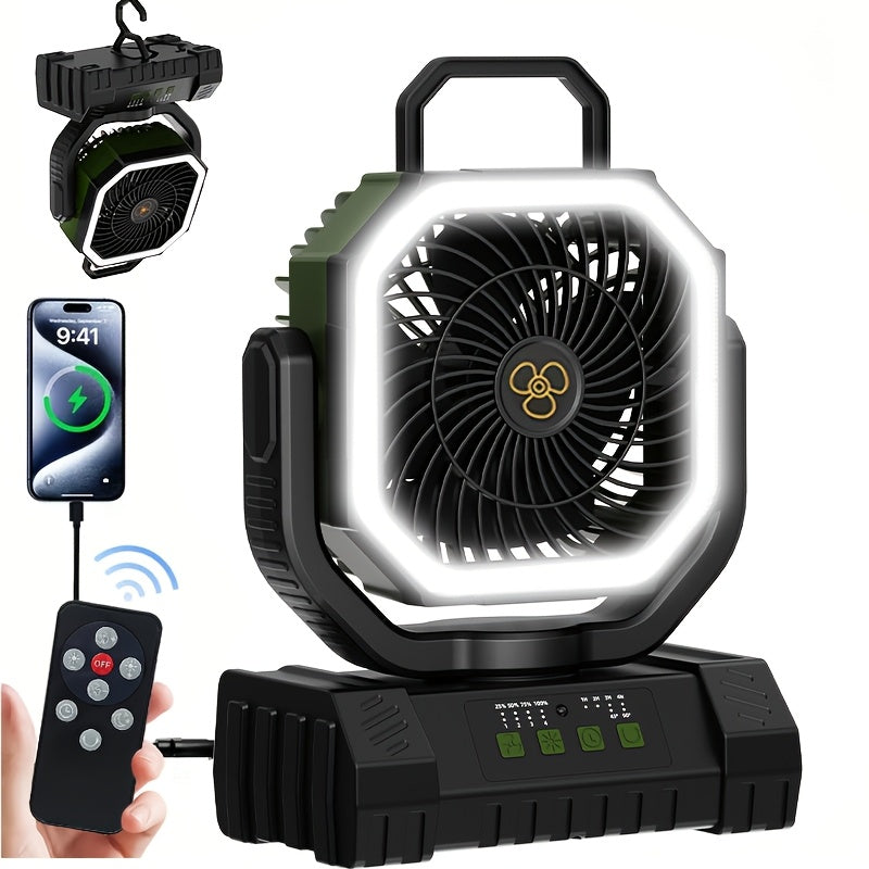 20000mAh Rechargeable Camping Fan 59-Hour Runtime Oscillating Tent Fan with Remote LED Lantern 4 Speeds USB Charging for Outdoor Patio Garage Power Outage Green Pink Orange