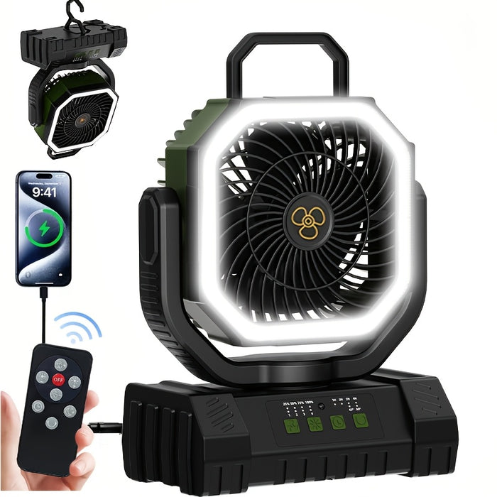 20000mAh Rechargeable Camping Fan 59-Hour Runtime Oscillating Tent Fan with Remote LED Lantern 4 Speeds USB Charging for Outdoor Patio Garage Power Outage Green Pink Orange