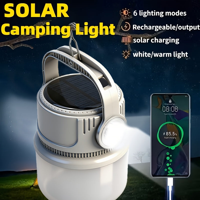 Solar Camping Lantern 6 Modes LED Rechargeable with USB Power Bank, Portable Outdoor Camp Light with Hook SOS Strobe Type-C Charge for Tent Hiking Mountaineering Emergency Preparedness
