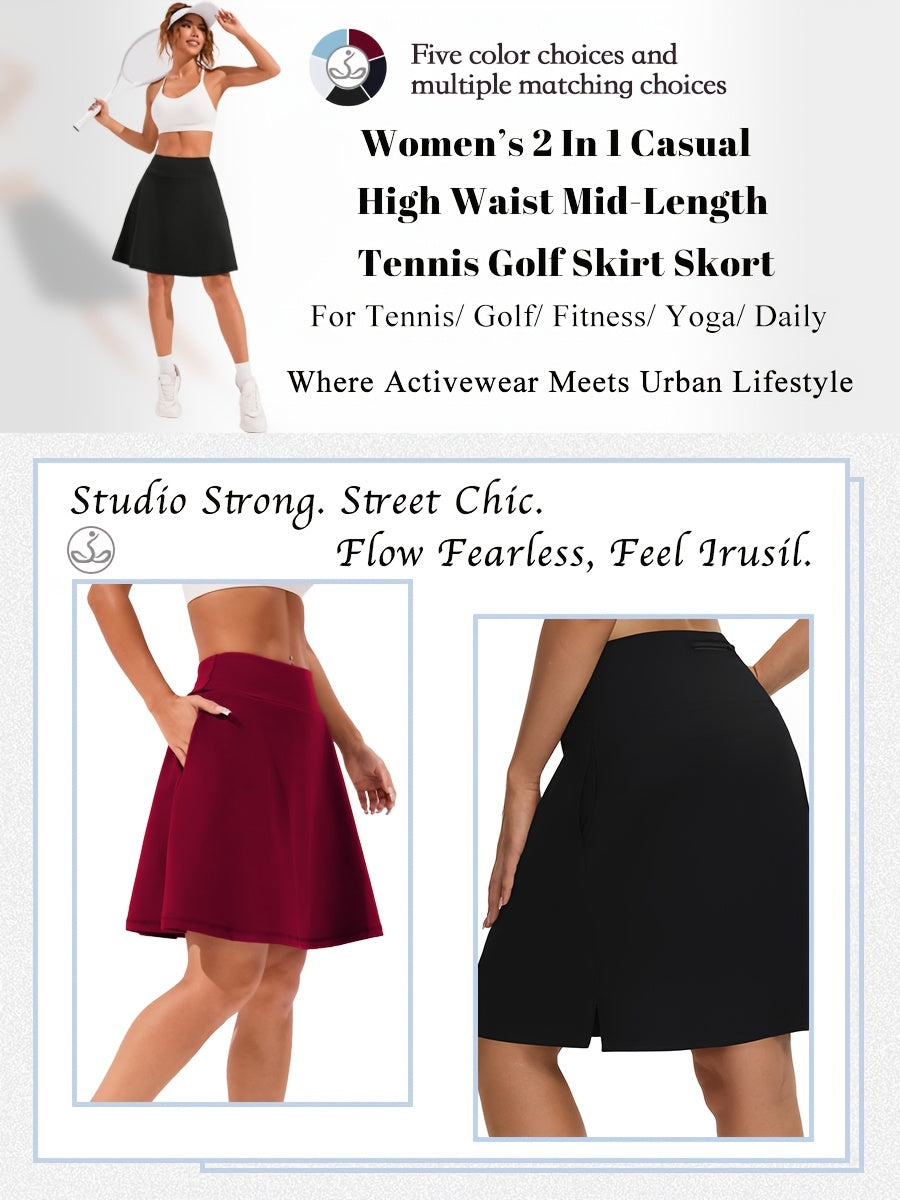 Women's Knee-Length Skort 20-Inch High Waist with 5 Pockets Built-In Shorts Long Athletic Skirt for Tennis Golf Workout Casual Wear S-XXL