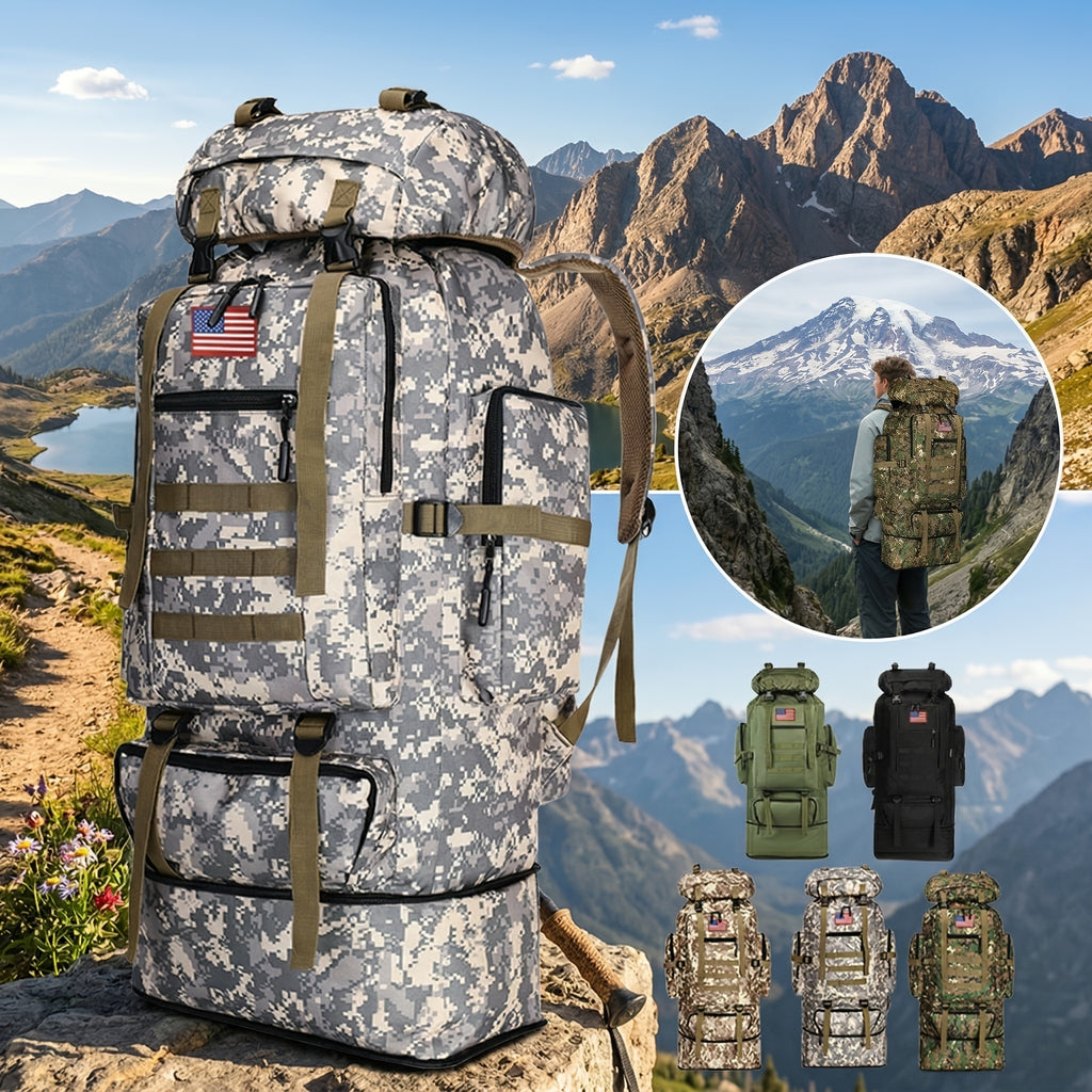100L Tactical Camouflage Backpack – Large Capacity Hiking Rucksack with Multiple Compartments, Ergonomic Straps for Camping, Trekking, Hunting & Travel