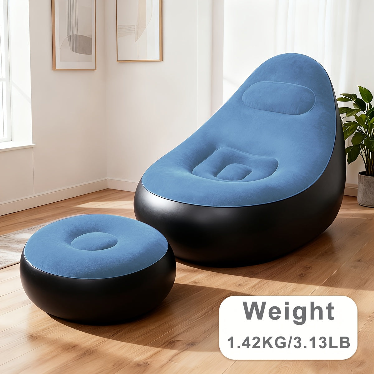 Inflatable Sofa with Footstool 2-Piece Set Heavy Duty Plush Fabric Portable Air Couch with Pump – Indoor Outdoor Camping Beach Backyard Lounge