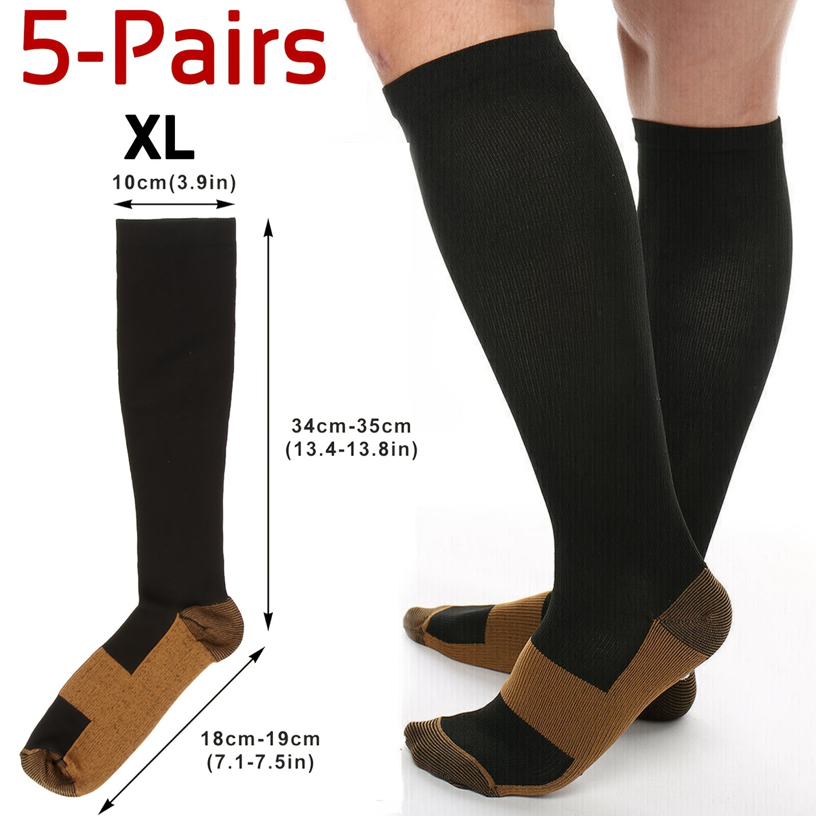Compression Sport Socks 5 Pairs Unisex Nylon Elastic Enhanced Endurance for Running Cycling Hiking Training All-Day Athletics M-XXL