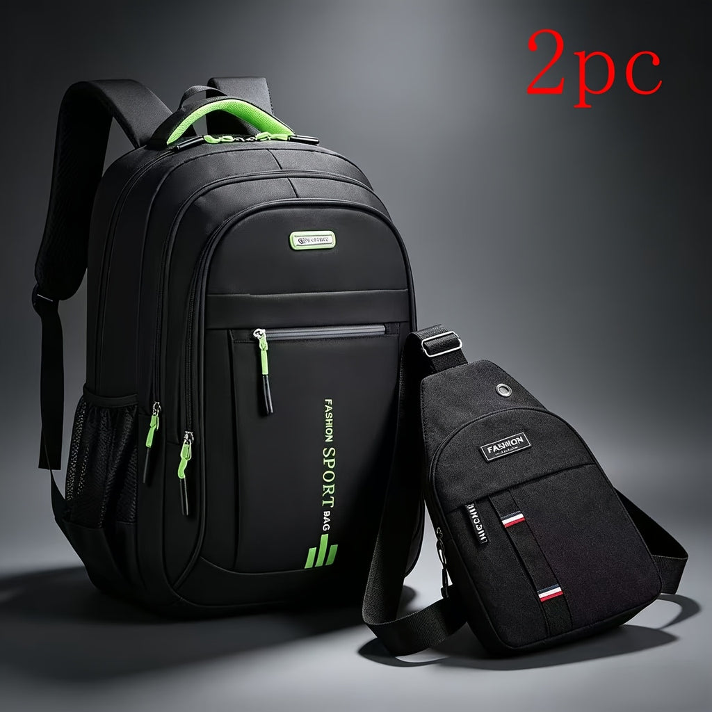 Men's Large Capacity Travel Backpack 3-Piece Set – Durable Nylon, Multi-Compartment Business & Campus Bag with Adjustable Straps, Black Laptop Backpack for Men