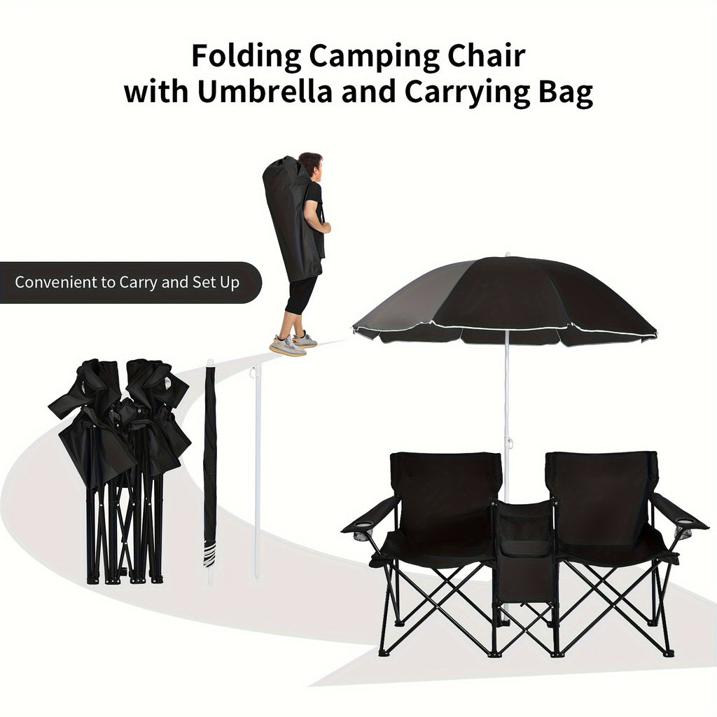 2-Person Folding Beach Chair Set with Umbrella, Table & Cooler Bag – 600 lb Capacity Portable Camping & Picnic Chair Set for Outdoor, Beach & Tailgate