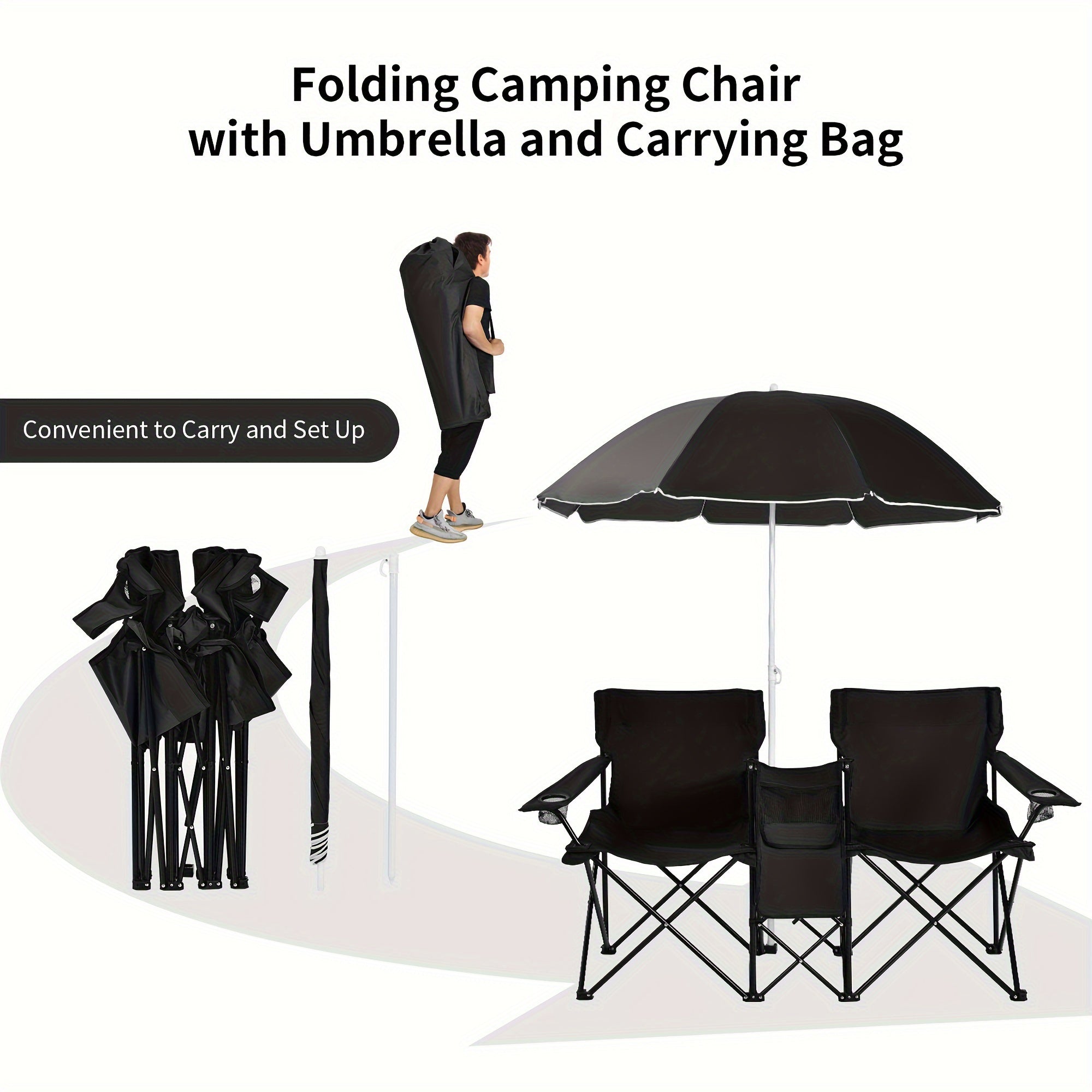 2-Person Folding Beach Chair Set with Umbrella, Table & Cooler Bag – 600 lb Capacity Portable Camping & Picnic Chair Set for Outdoor, Beach & Tailgate