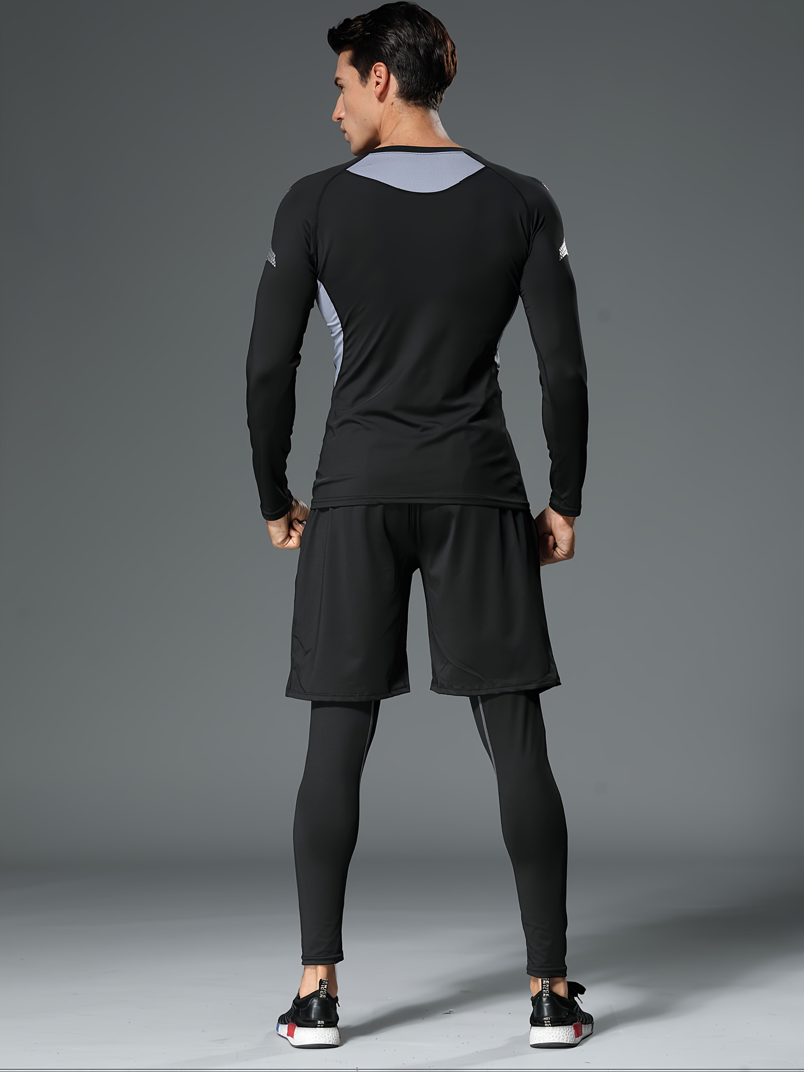 Men's 3-Piece Compression Sports Suit Quick-Dry – Moisture-Wicking Gym Running Training Outfit, High Elastic Breathable Activewear for Cycling Hiking Fitness, Grey & Fluorescent Green, S-XXL