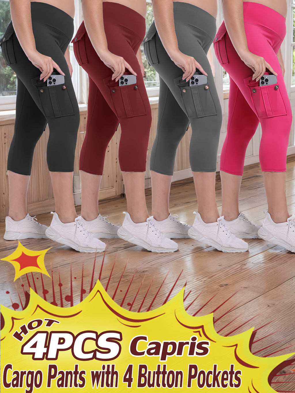 Women's Yoga Capri Pants with Pockets High Waist Butt Lifting Tummy Control – 4-Way Stretch 7/8 Workout Leggings for Running Gym Hiking Pilates 75% Polyester 25% Elastane S M L XL XXL Multi-Color
