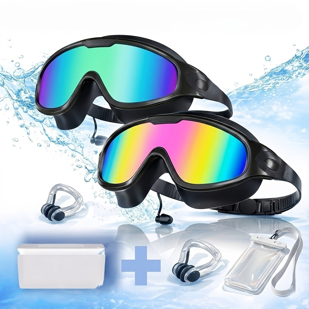 Anti-Fog Swim Goggles 2 Pack with Earplugs Nose Clip Waterproof Bag UV Protection Swimming Goggles Men Women Teens Outdoor Pool Water Sports Gift