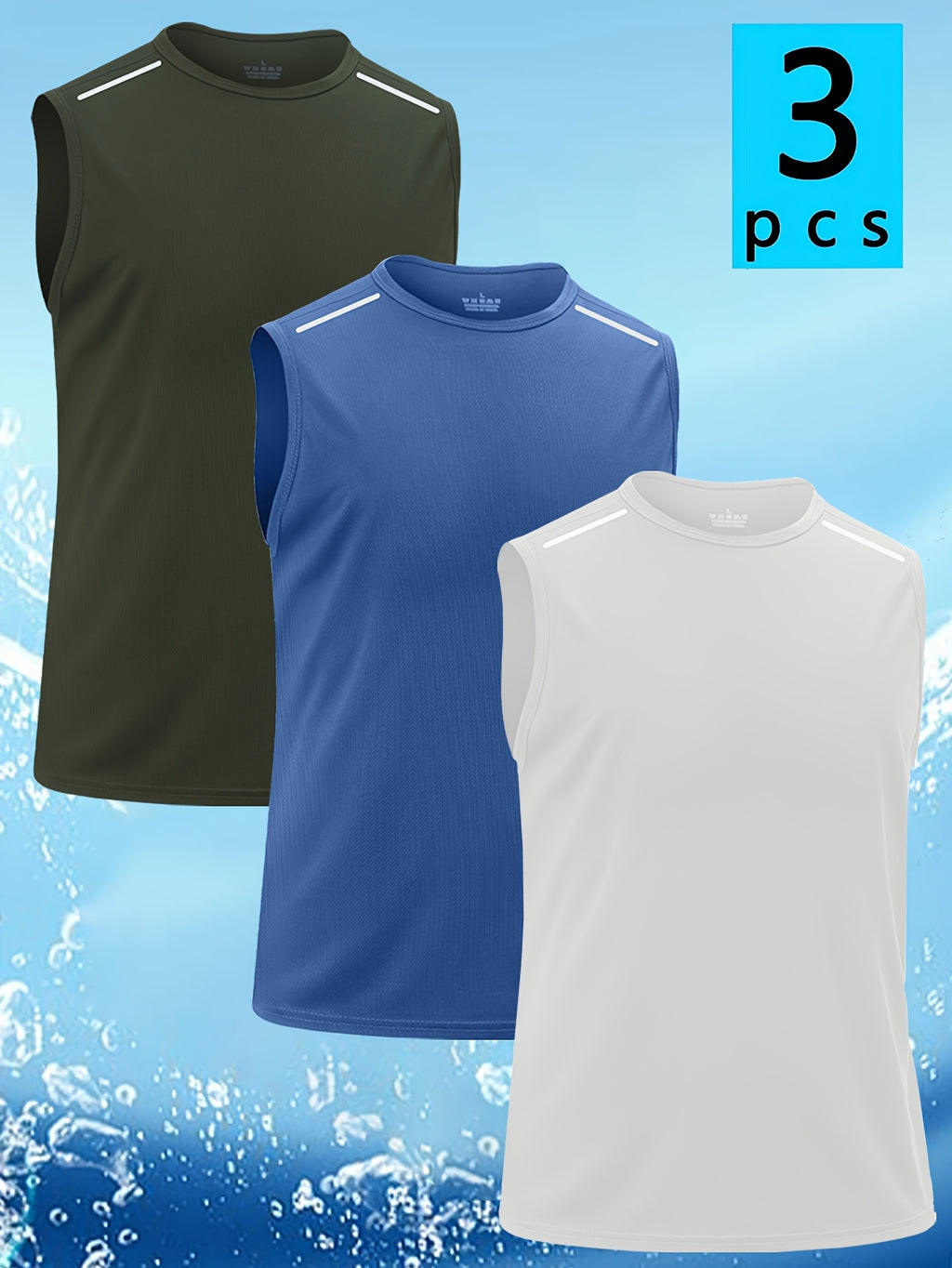 Quick-Dry Sleeveless Workout Tank Tops for Men 3-Pack – Breathable Striped Crew Neck Athletic Vests for Running Gym Cycling S-XXXL Black Grey Navy