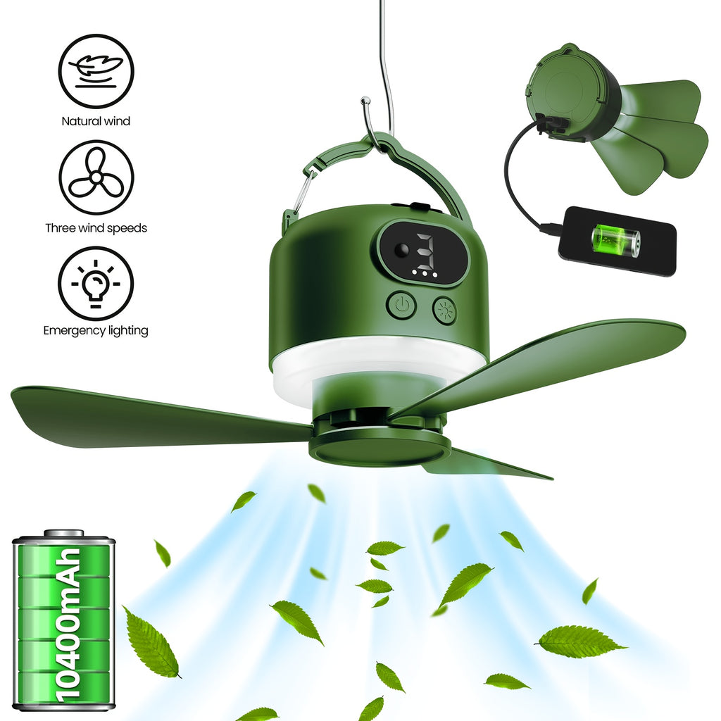 Portable Camping Ceiling Fan 10400mAh USB Rechargeable Tent Fan with Remote Control LED Light Detachable Blades 4 Speed Settings for Camping Hiking Outdoor Travel
