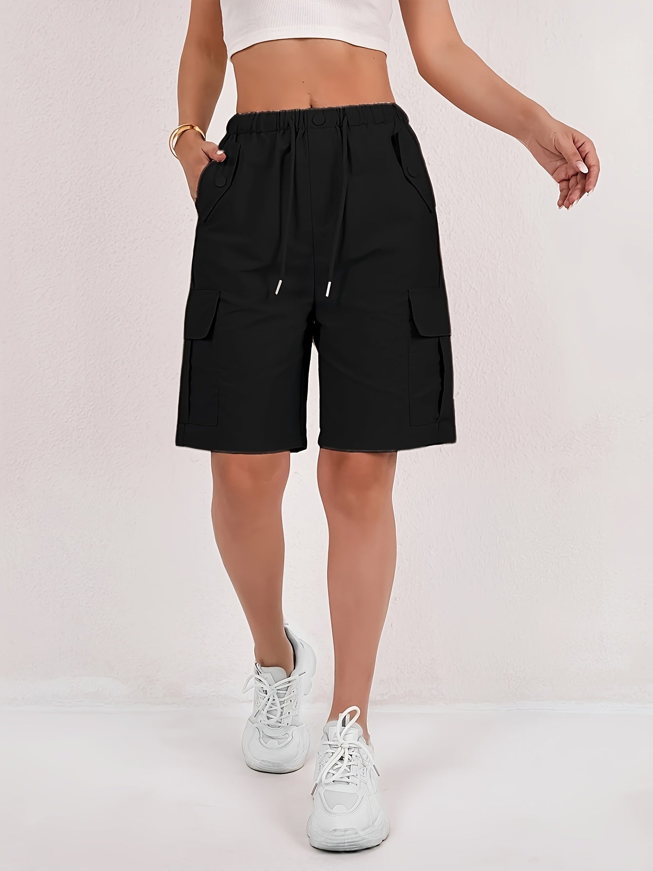 Women's Cargo Shorts 2-Pack - Lightweight Straight-Leg Mid-Thigh Bermuda Shorts with Multiple Pockets & Adjustable Drawstring Waist, Machine Washable Casual Outdoor Shorts S-XXL