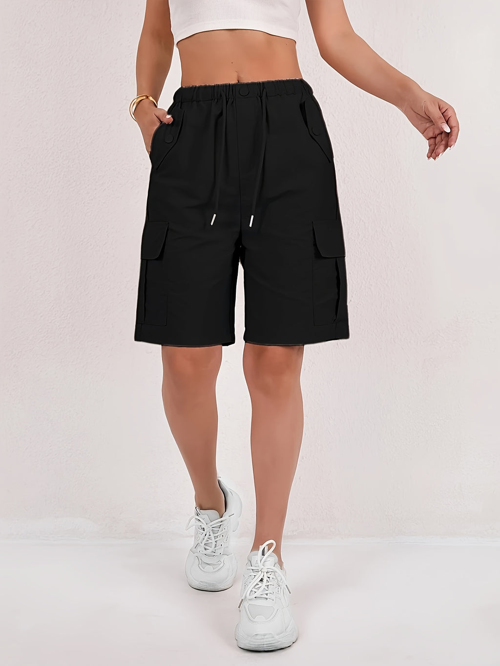 Women's Cargo Shorts 2-Pack - Lightweight Straight-Leg Mid-Thigh Bermuda Shorts with Multiple Pockets & Adjustable Drawstring Waist, Machine Washable Casual Outdoor Shorts S-XXL