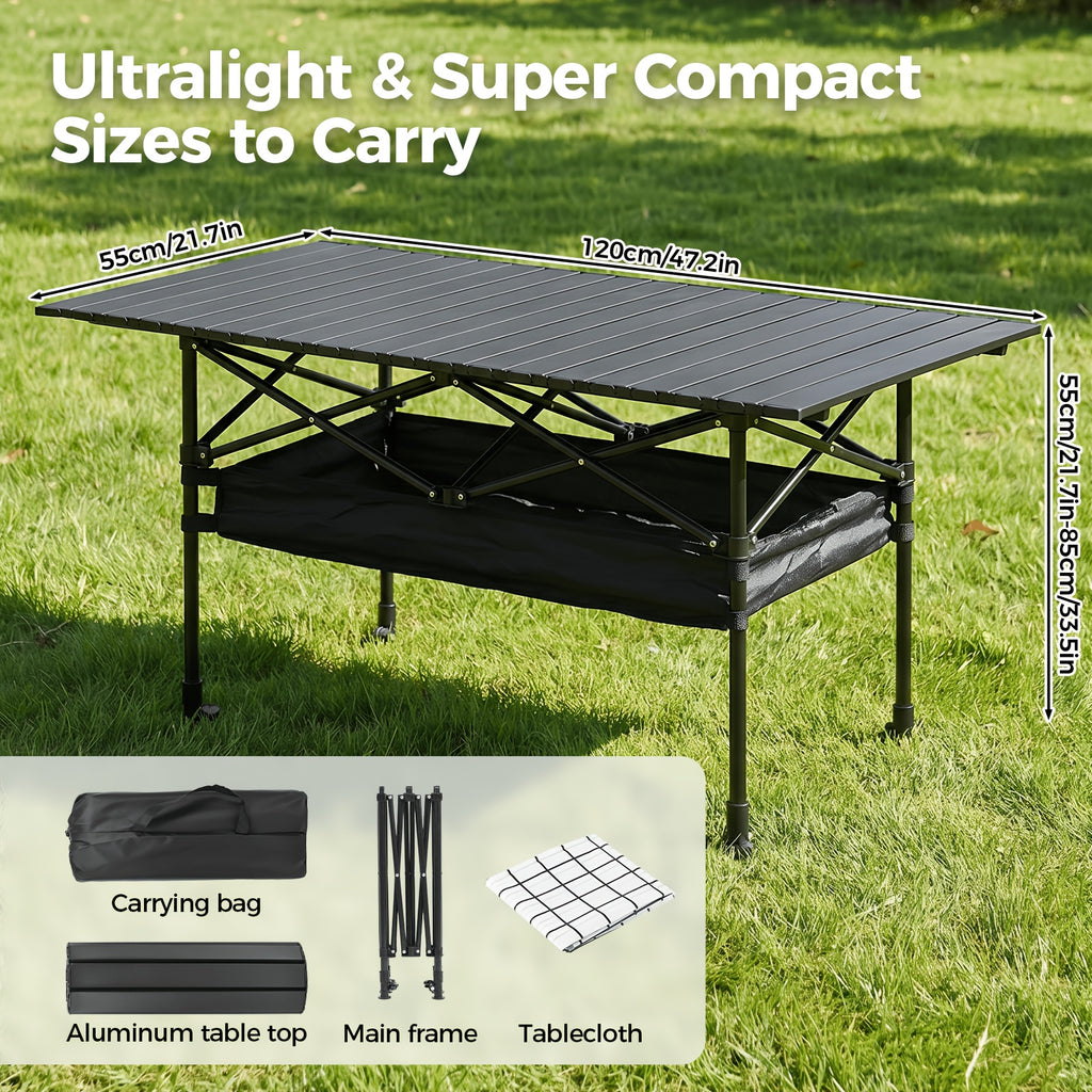 Folding Camping Table Portable Aluminum Height Adjustable with Rolling Wheels – Lightweight Outdoor Table with Mesh Storage Bag & Carry Bag for Camping, Beach, Backyard, BBQ, Patio & Picnic