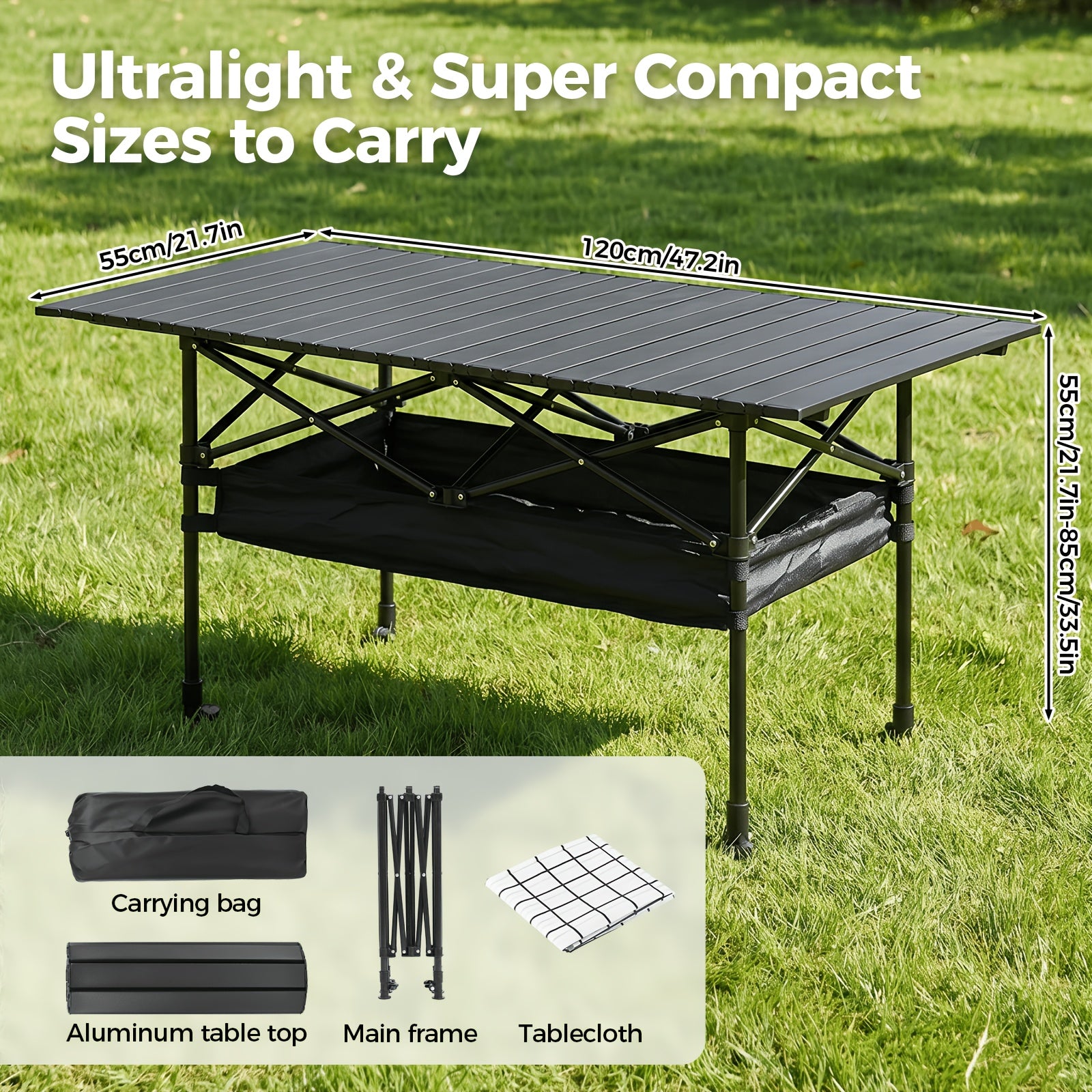Folding Camping Table Portable Aluminum Height Adjustable with Rolling Wheels – Lightweight Outdoor Table with Mesh Storage Bag & Carry Bag for Camping, Beach, Backyard, BBQ, Patio & Picnic