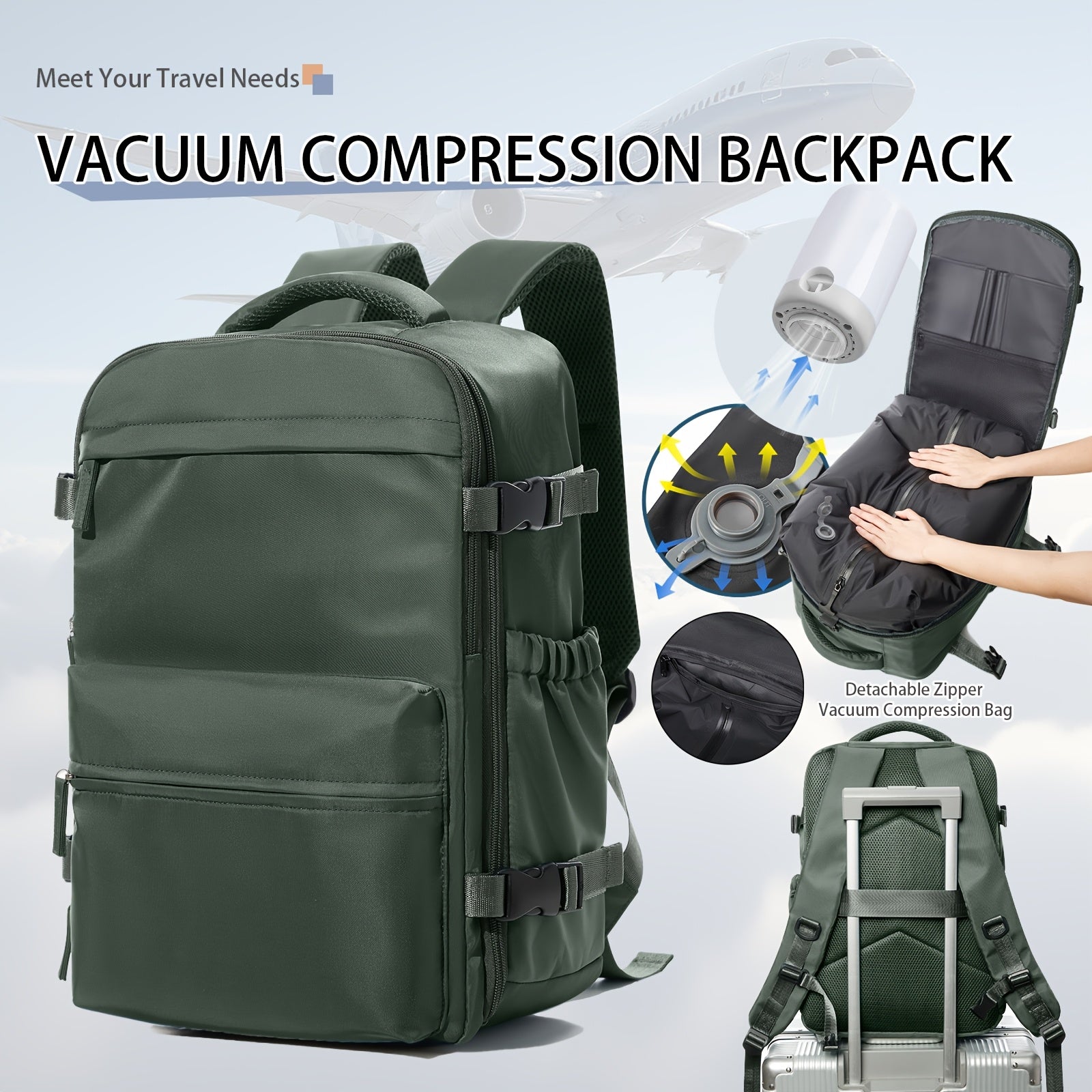 Vacuum Seal Compression Backpack with Air Pump – Expandable Large Capacity Travel Laptop Bag Space Saver Oxford Cloth Carry-On for Men Women Hiking Commuting Weekend Trip Peacock Blue Green Black