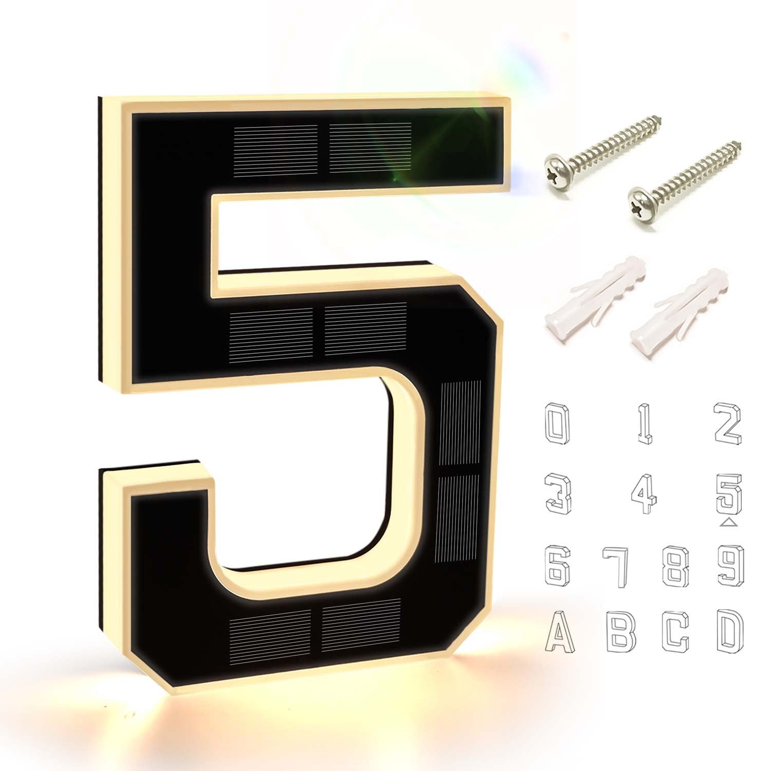 9 Inch Solar Lighted House Numbers for Outside - IP44 Waterproof, Auto Light Sensor, 9hr Illumination, Modern Exterior Address Sign, Numbers 0-9 & Letters A-D