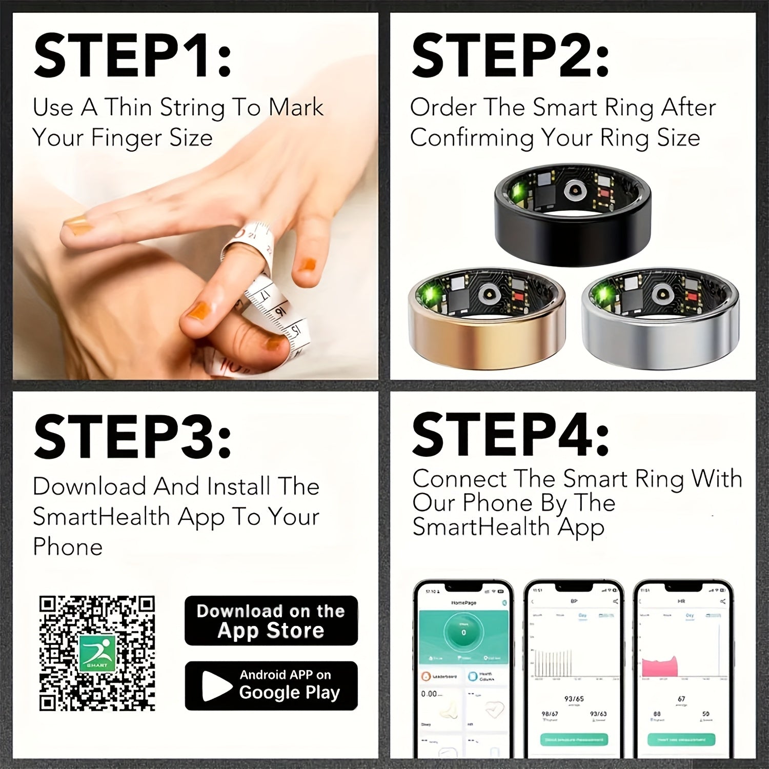 Smart Fitness Ring Bluetooth 5.3 Heart Rate HRV Sleep Steps Calorie Body Temp Stress Tracker No Subscription iPhone Android Compatible Sizes 7-13 Black Silver Gold
