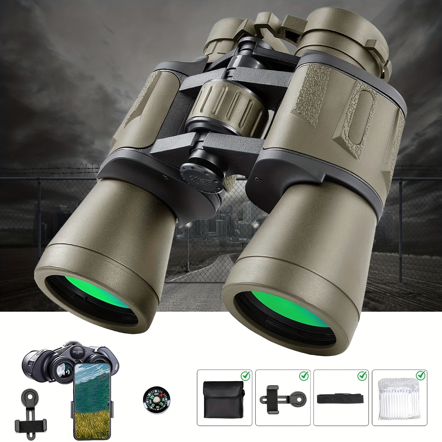 High-Powered Binoculars for Adults with Phone Adapter Bird Watching Travel Hiking Concerts Includes Carry Case and Strap Compact Lightweight Optics Black Green Mud