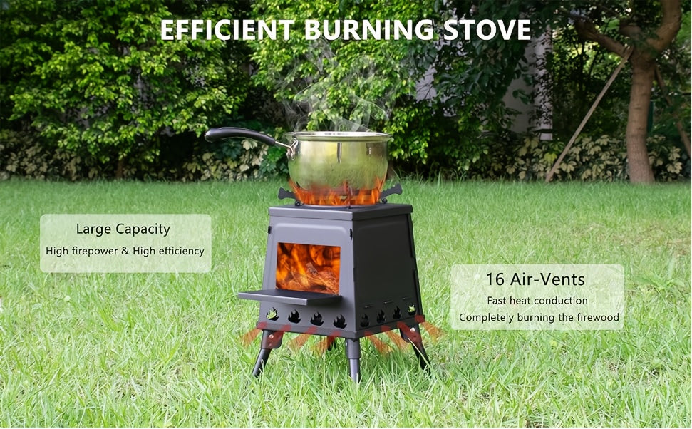 Wood Burning Camp Stove Portable Heavy Duty Outdoor Campfire Stove Sturdy Legs Air Vents Firewood Charcoal for Hiking Backpacking Picnic BBQ Travel
