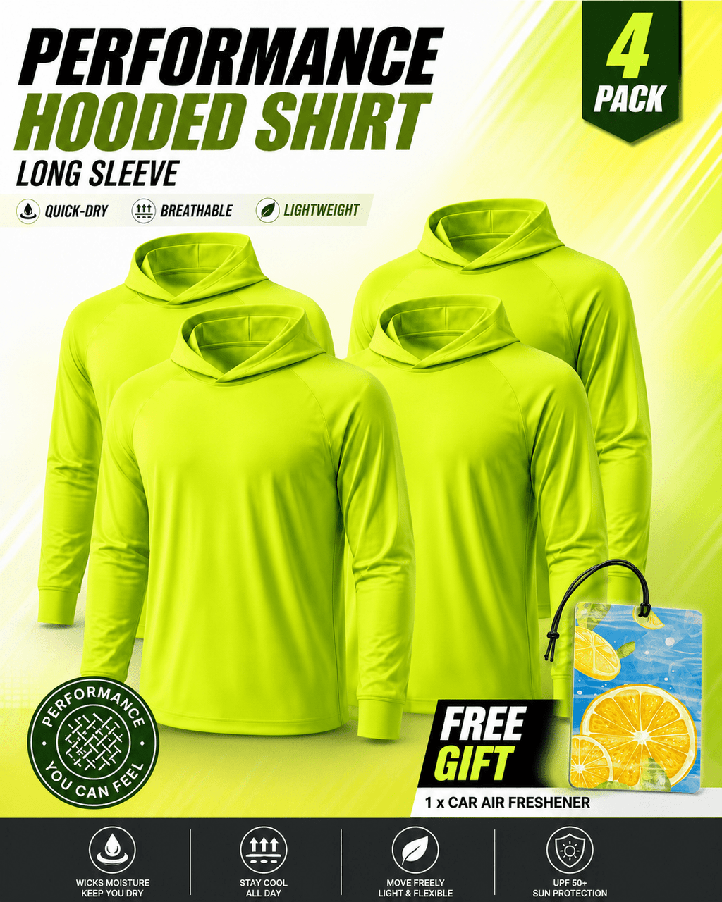 Hi Vis Hooded Work Shirts Men's 4-Pack Long Sleeve UPF 50+ Moisture Wicking Quick Dry - High Visibility Safety Shirts for Construction Fishing Hiking Outdoor S-XXXL