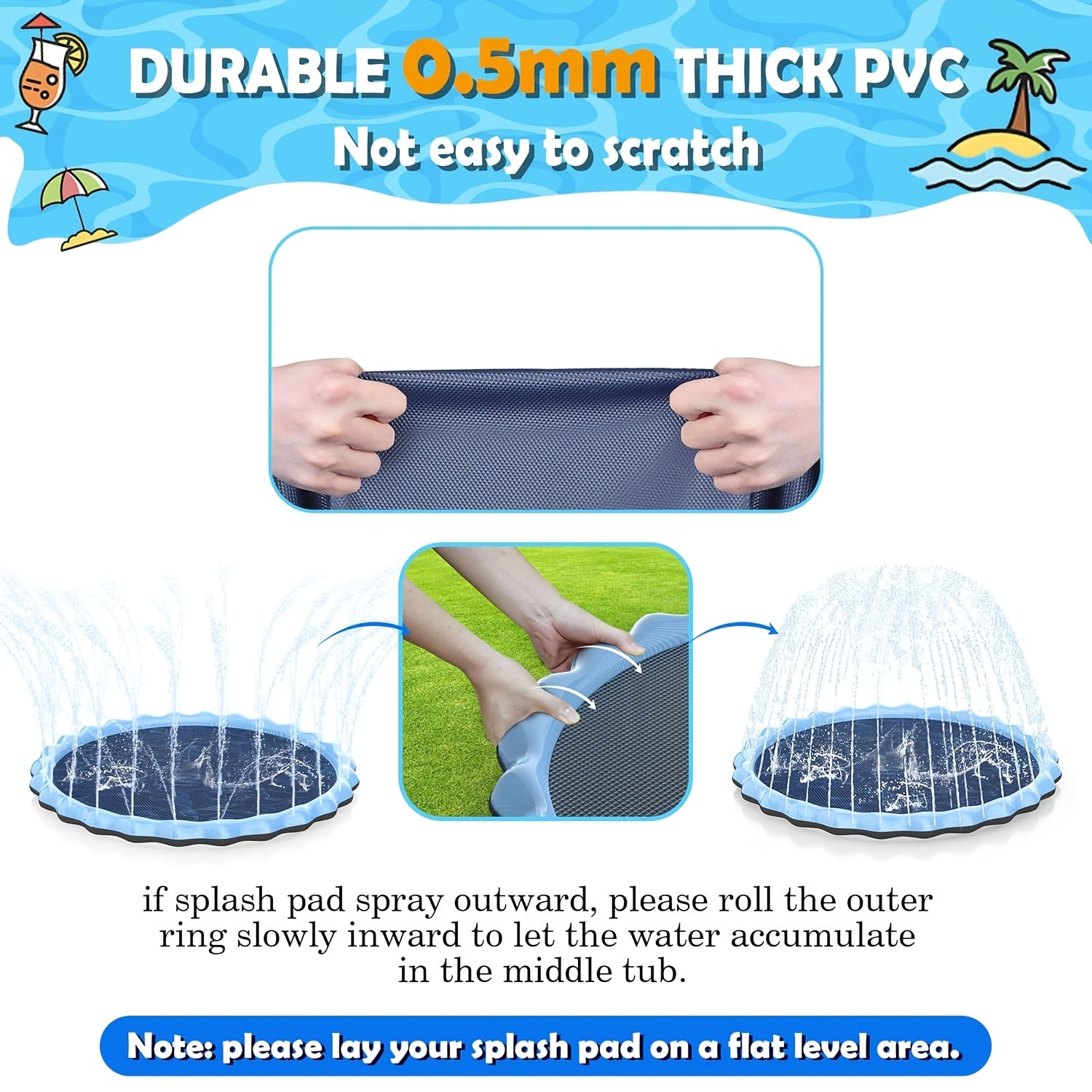 Sprinkler Splash Pad Water Play Mat for Kids & Pets – Slip-Resistant 90-110 Inch Thick Durable Portable Outdoor Summer Backyard Fun Garden Hose Splash Zone