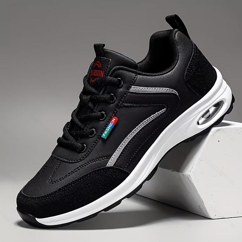 Men's Fashion Sneakers Lace-Up Non-Slip Soft Sole Casual Running Shoes PU Leather Comfortable Outdoor Athletic Footwear