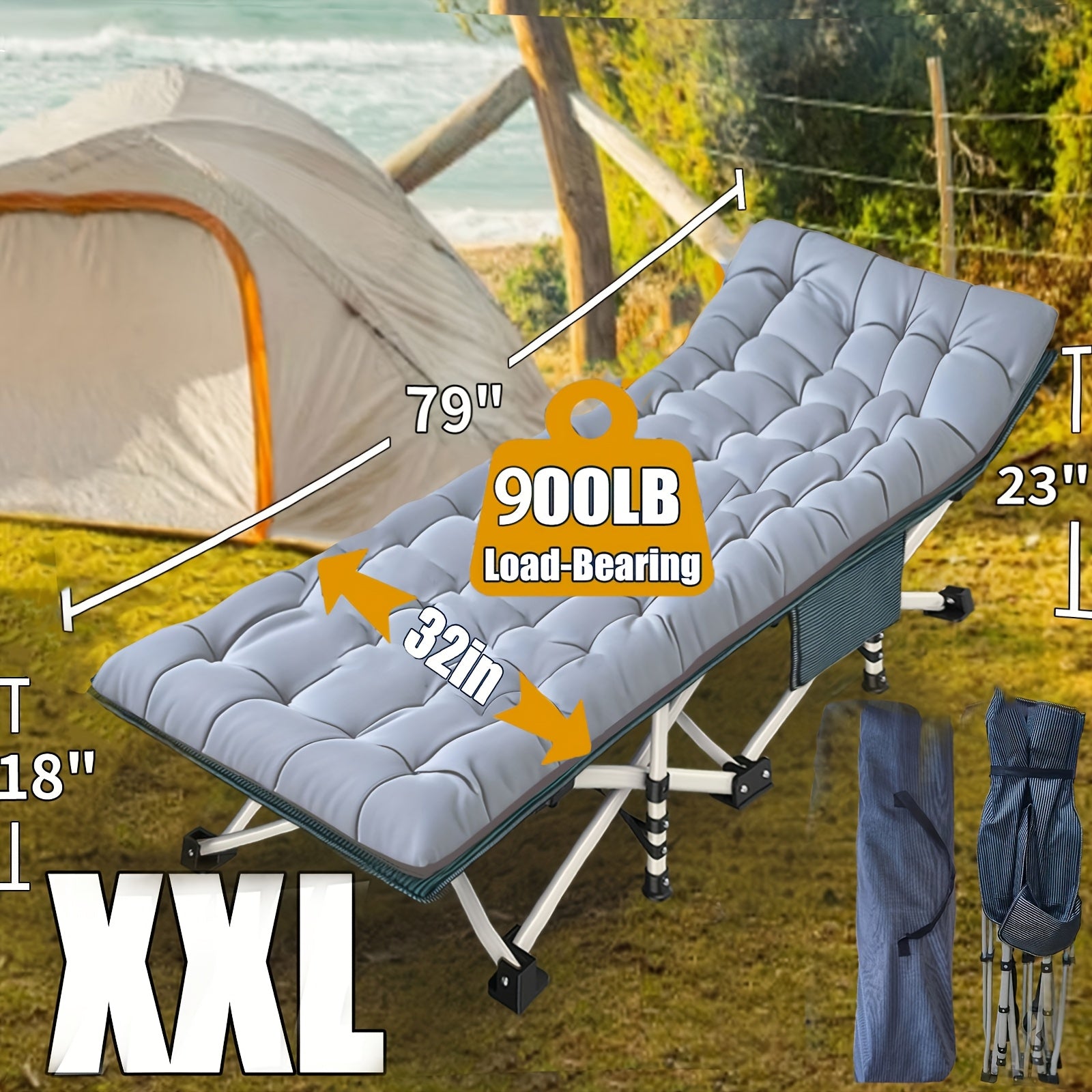 XXL Oversized Camping Cot 32-Inch Wide with Comfortable Mattress – Extra Wide Heavy-Duty Folding Cot for Adults, 1200D Oxford Cloth, Carry Bag Included, Camping Lounge Chair Option