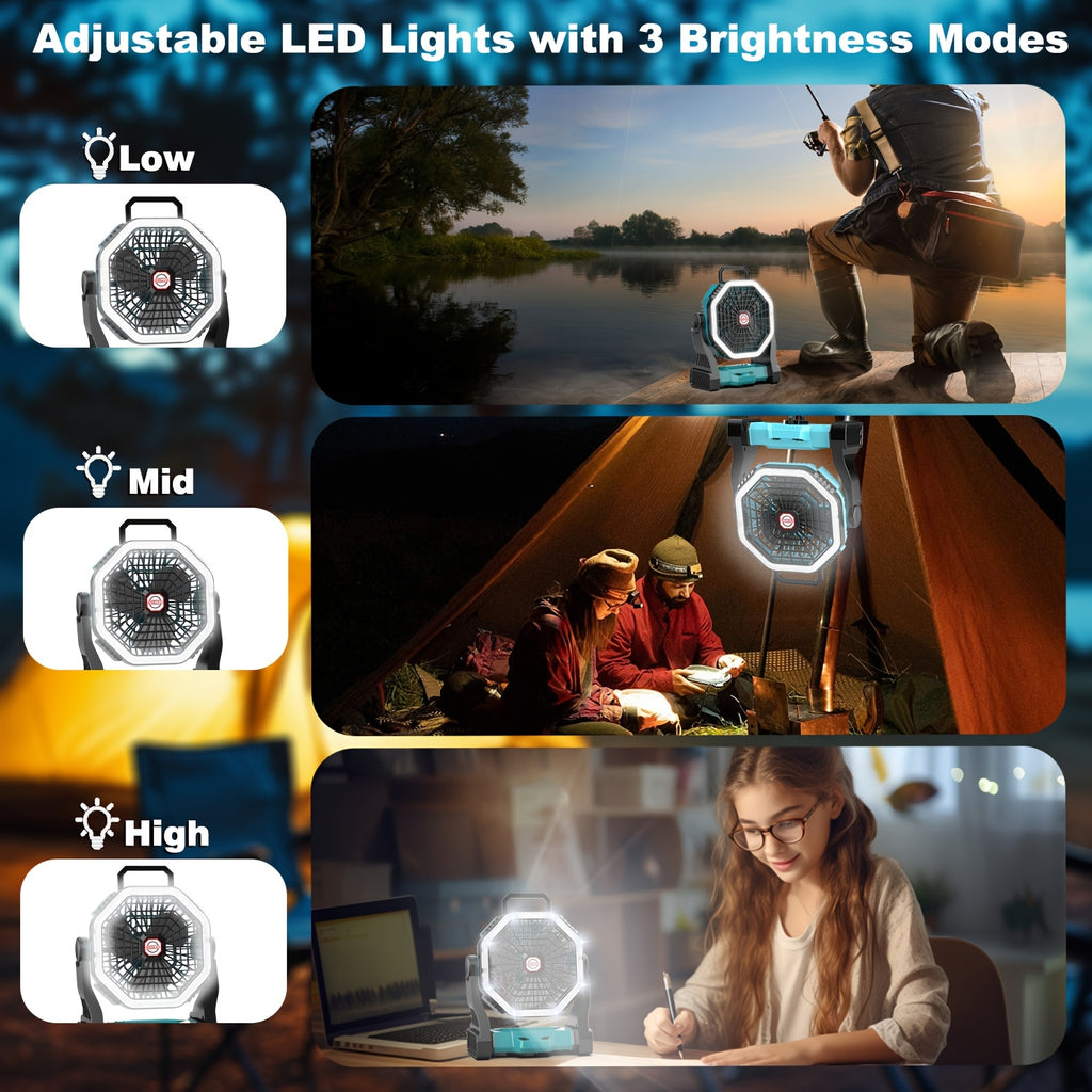 Camping Fan with LED Light Rechargeable USB Battery 4-Speed 3 Lighting Modes Hanging Rope Tent Outdoor Travel Indoor Portable