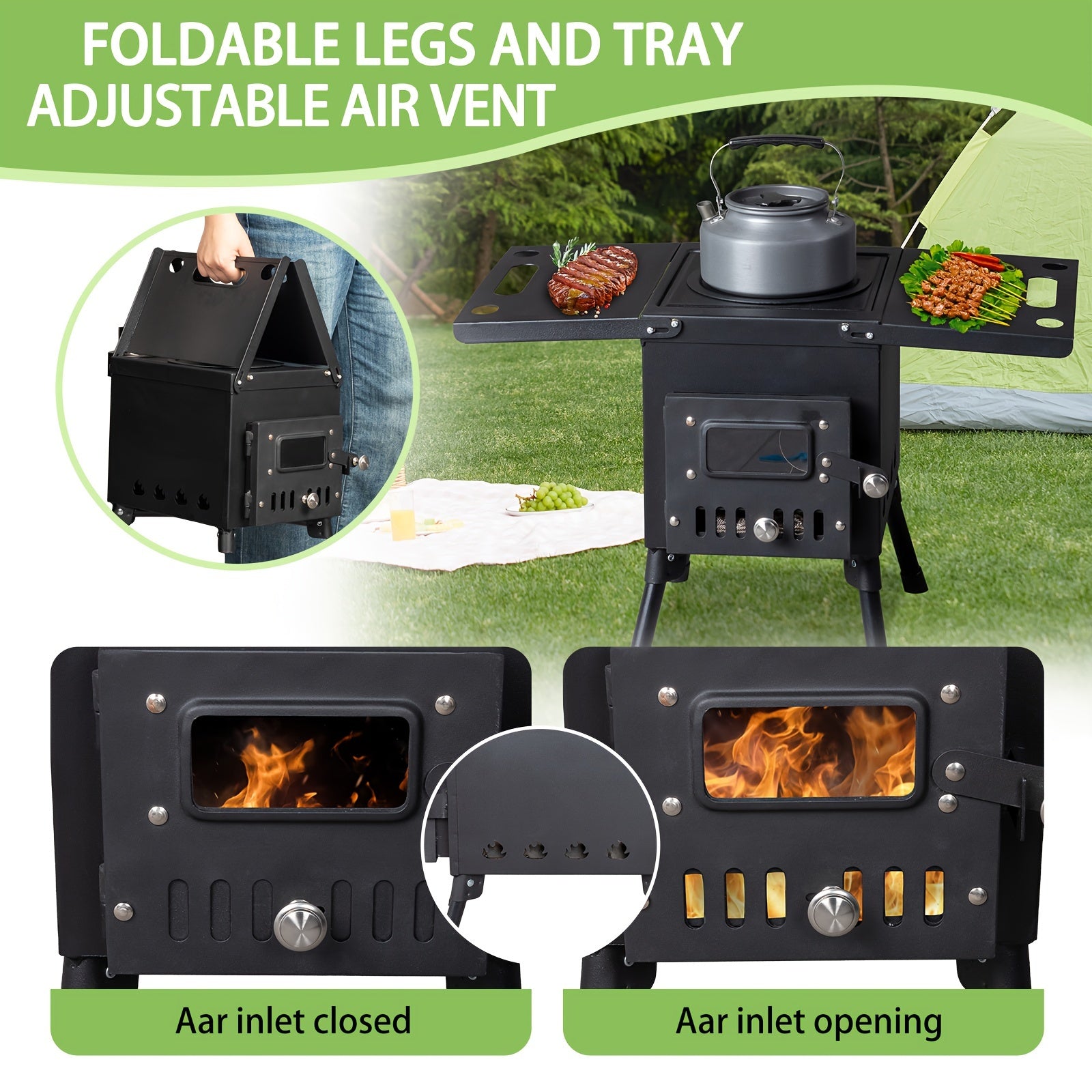 Wood Burning Camping Stove with Chimney Portable Foldable Carbon Steel Tent Stove for Camping Hunting Ice Fishing Backpacking Outdoor Heating Cooking