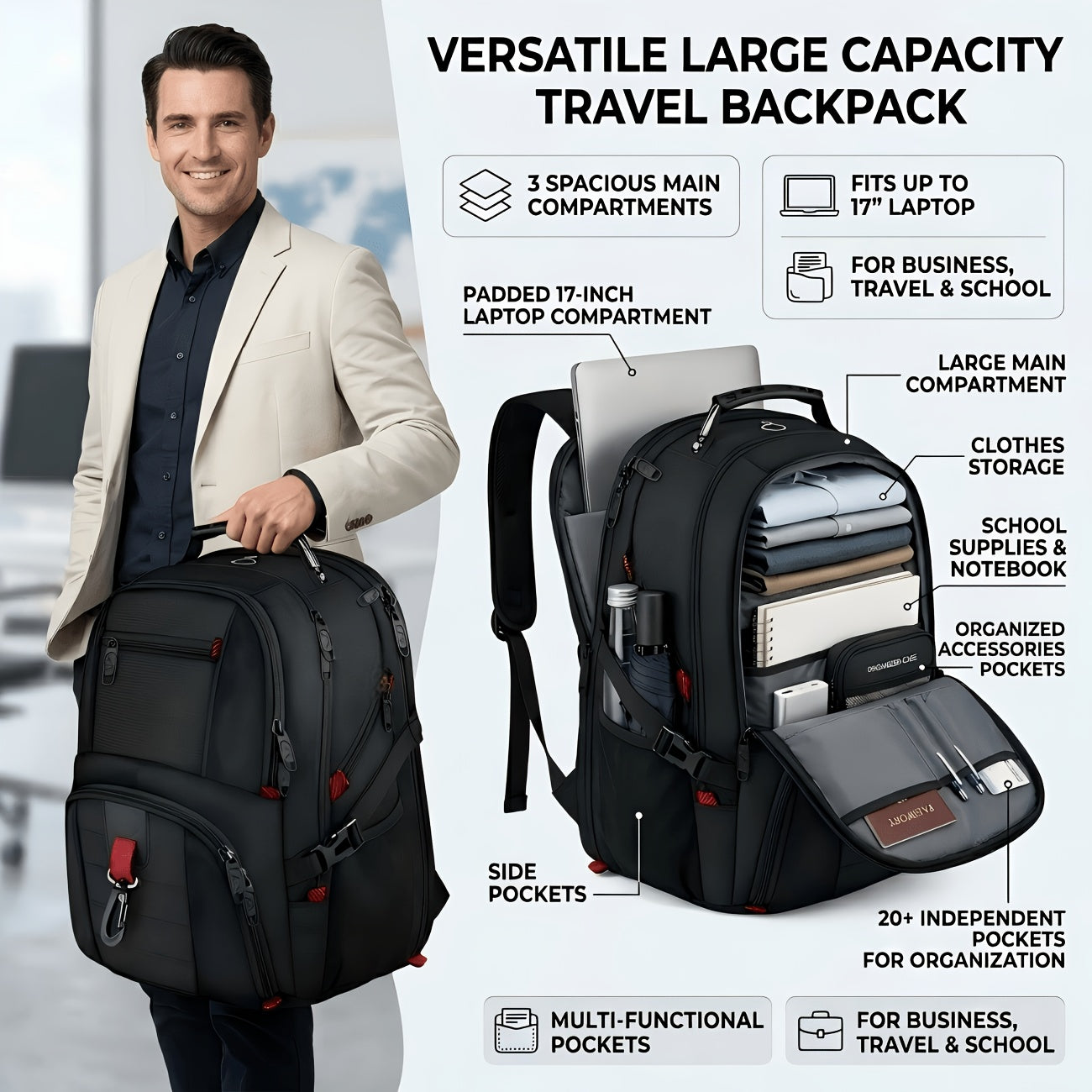 50L Extra Large Travel Backpack Fits 17" Laptop – Airline Approved, 3-Compartment Business & College Backpack for Men & Women, School, Work & Travel