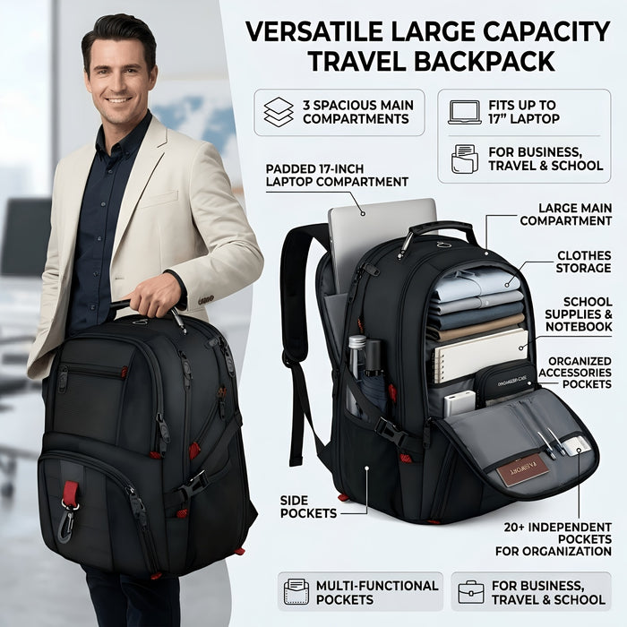 50L Extra Large Travel Backpack Fits 17" Laptop – Airline Approved, 3-Compartment Business & College Backpack for Men & Women, School, Work & Travel