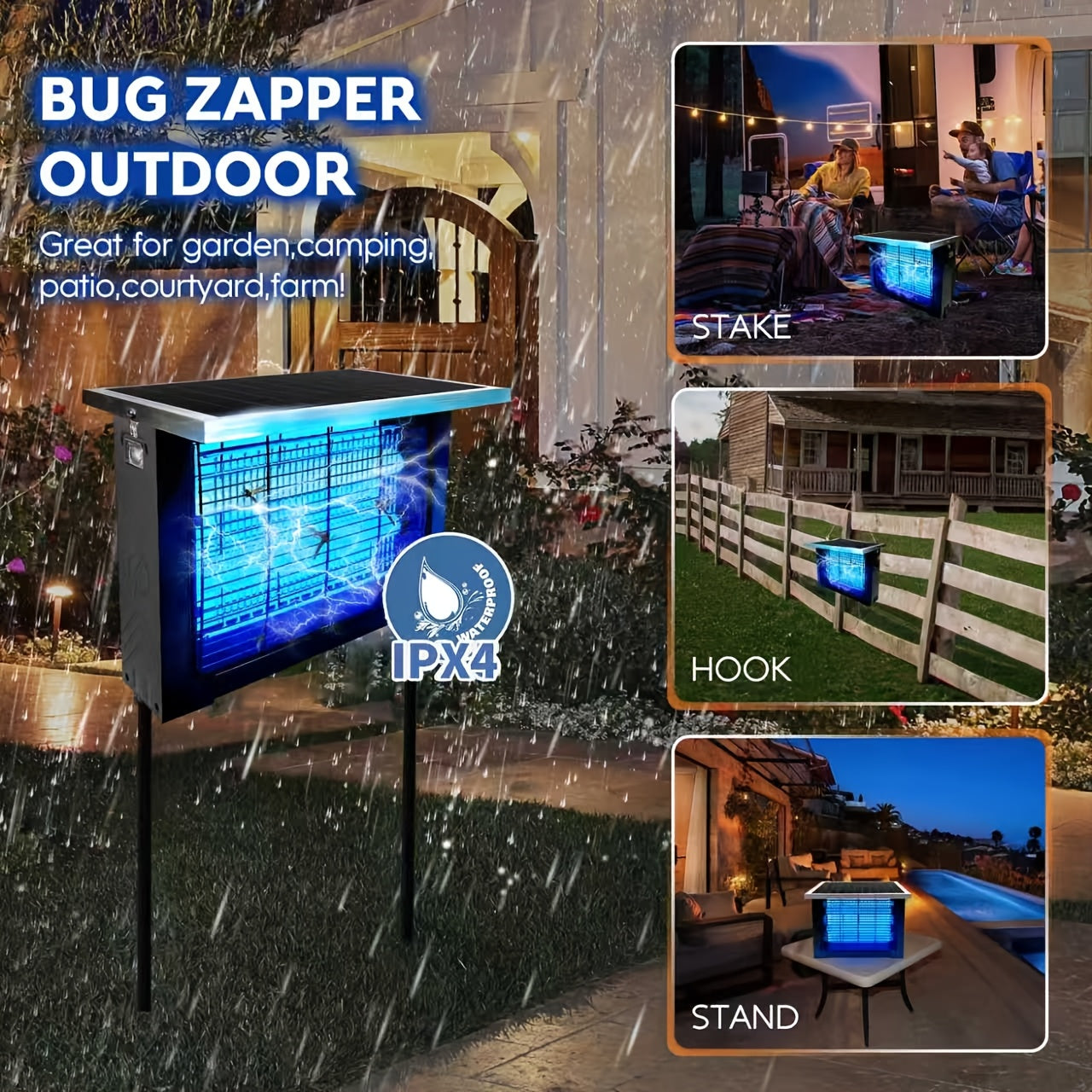 Solar Bug Zapper Outdoor - 2000 Sq Ft Coverage, Rechargeable Cordless Mosquito Zapper, Detachable Solar Panel, Fly Insect Killer for Patio, Garden, Backyard, RV Camping & Pond