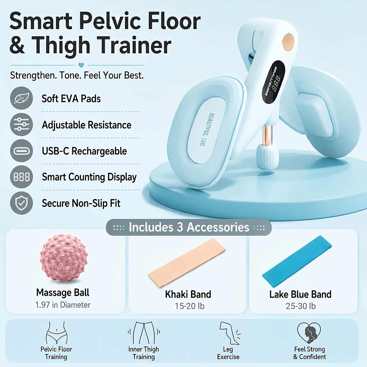 Pelvic Floor Trainer Hip & Thigh Toner with Rep Counter – Adjustable Resistance Inner Thigh Glute Exerciser for Women Home Fitness Postpartum Recovery – With Massage Ball & Resistance Bands