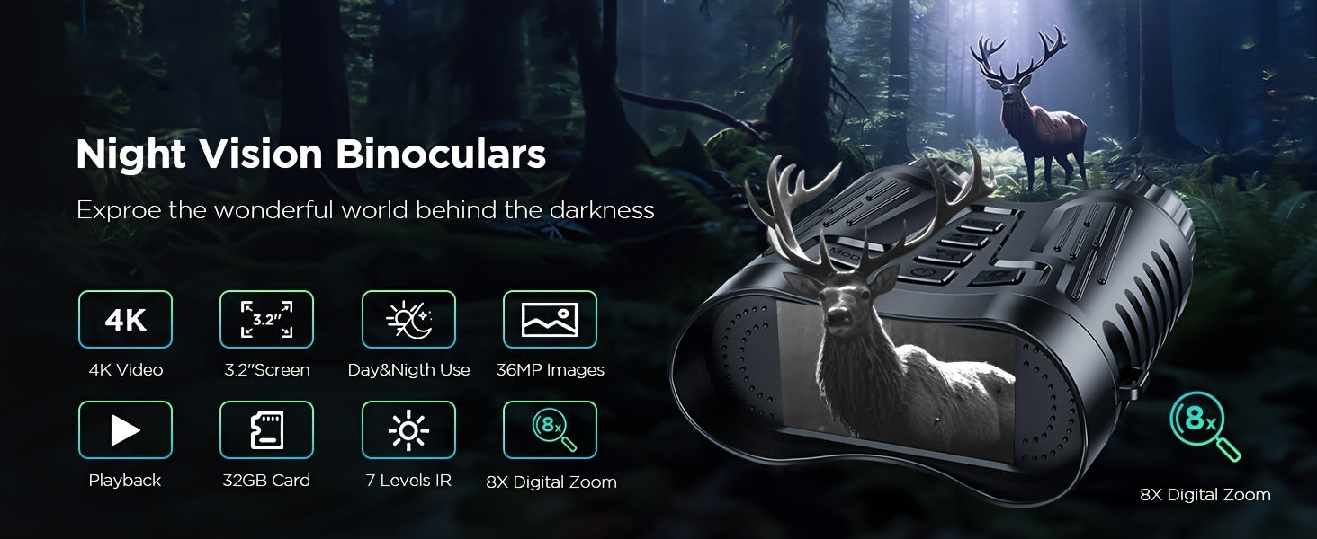 4K Night Vision Goggles for Adults – 64GB Memory Card, 3.2" Screen, 8X Digital Zoom for Hunting, Camping, Security & Outdoor Night Vision Binoculars