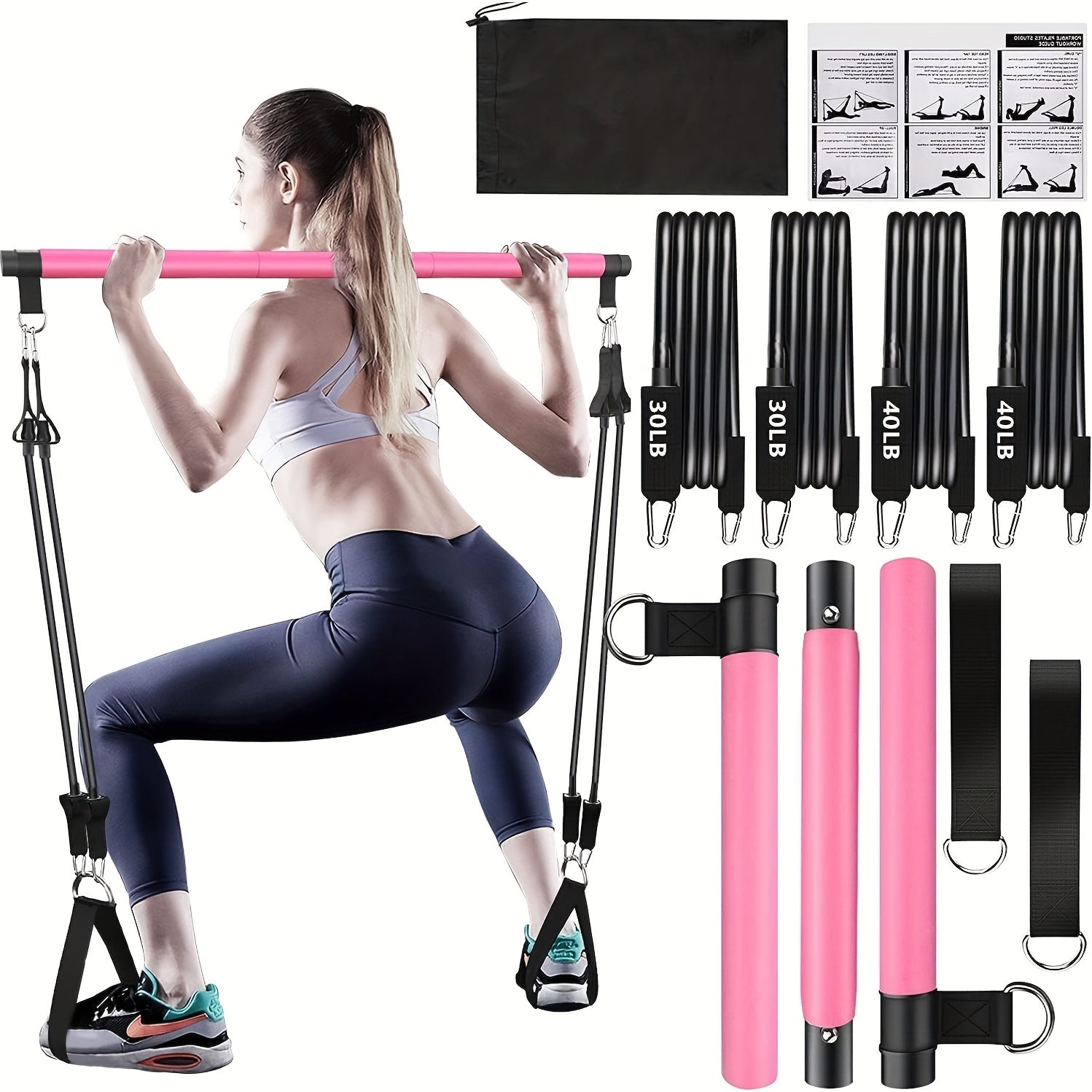 Pilates Bar Kit 8-Piece with 4 Resistance Bands 150 LBS – Portable Home Gym Fitness Set with Ankle Straps & Drawstring Backpack for Men & Women, Full Body Workout Equipment