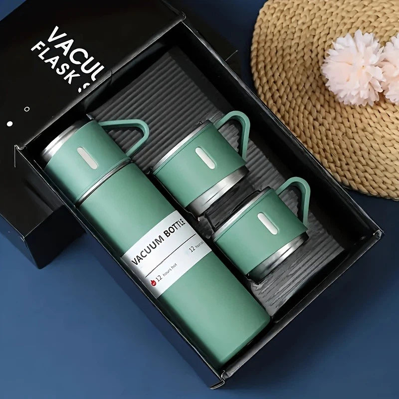 Stainless Steel Water Bottle & Cups Gift Set 4pcs – 500ml Insulated Bottle with 3 Small Cups Triple Lids for Hot & Cold Drinks – 304 Steel Portable Travel Set for Camping Office School Business