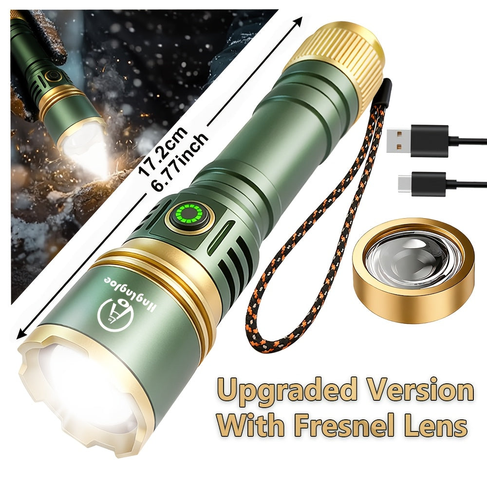 4500 Lumen Aluminum Flashlight with Fire Starter & Fresnel Lens – 21700 Rechargeable Outdoor Survival Torch for Camping Fishing Night Riding Power Outage, Adjustable Beam