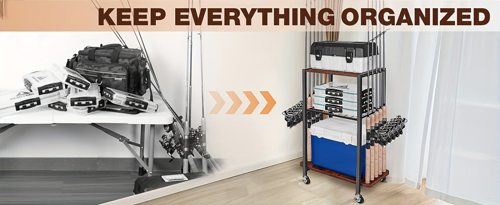 Fishing Rod Holder for Garage Wall Mount Rotating Tackle Storage Rack – Holds Up to 10 Rods, Fishing Gear Organizer for Men, Pole Rod Rack for Garage, Basement & Shed