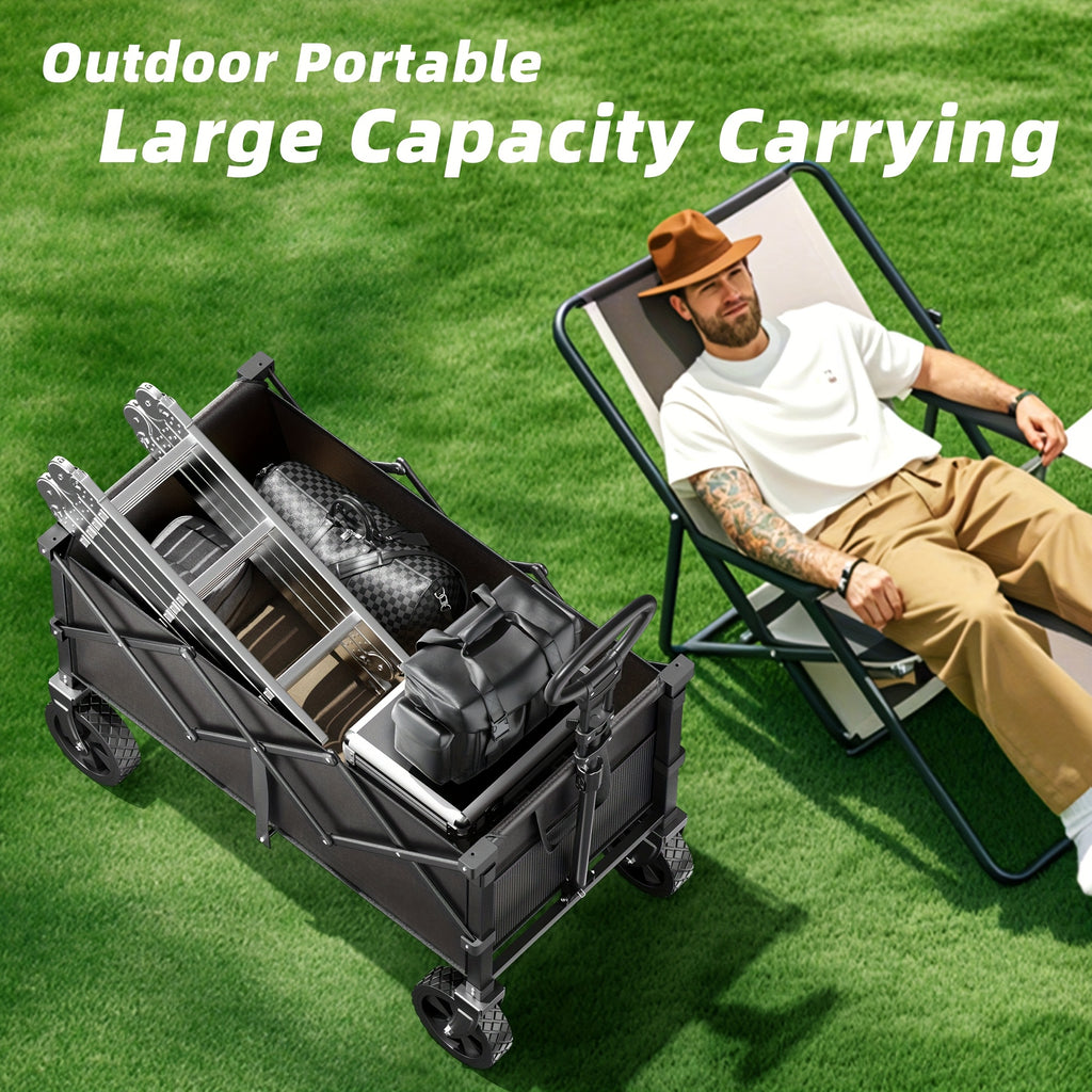 Collapsible Folding Wagon Cart Heavy Duty 450-650LBS – All Terrain Foldable Utility Wagon for Camping Beach Gardening Grocery Shopping Fishing, Large Capacity, Black