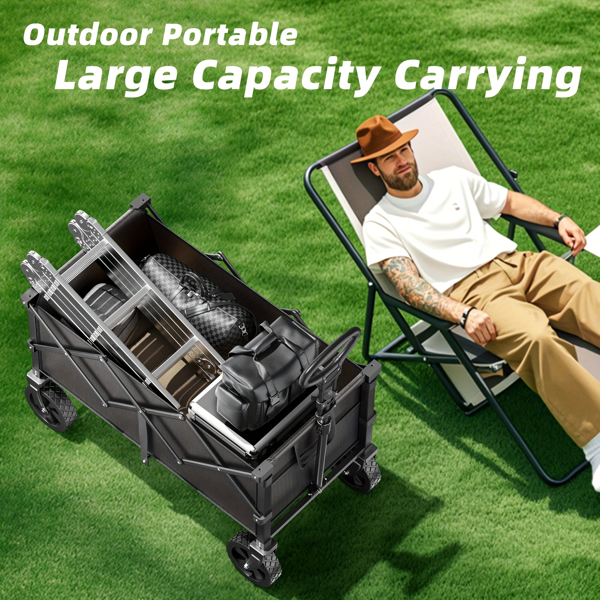 Collapsible Folding Wagon Cart Heavy Duty 450-650LBS – All Terrain Foldable Utility Wagon for Camping Beach Gardening Grocery Shopping Fishing, Large Capacity, Black